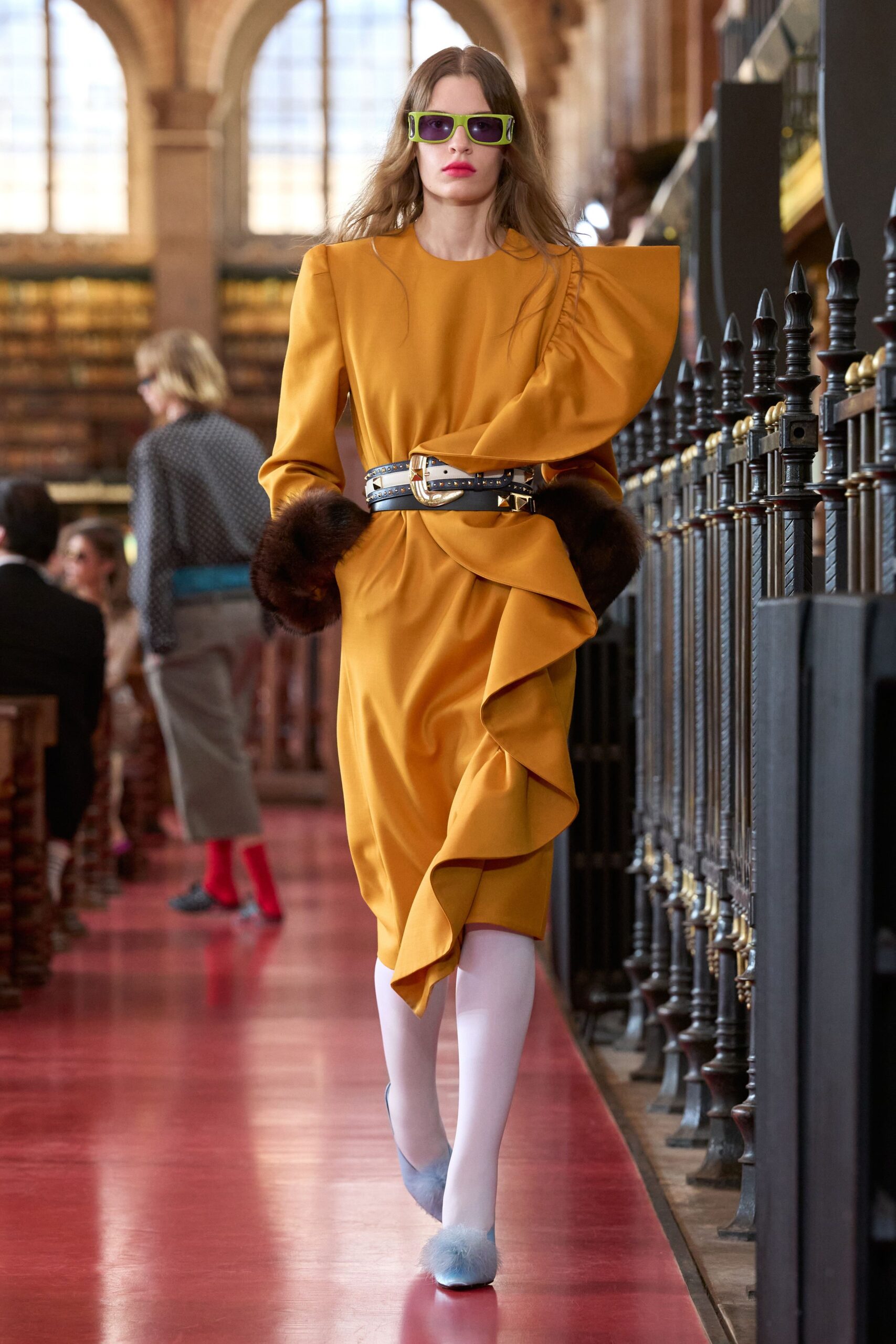 orange crepe long-sleeve high-neck structured ruffled draped dress