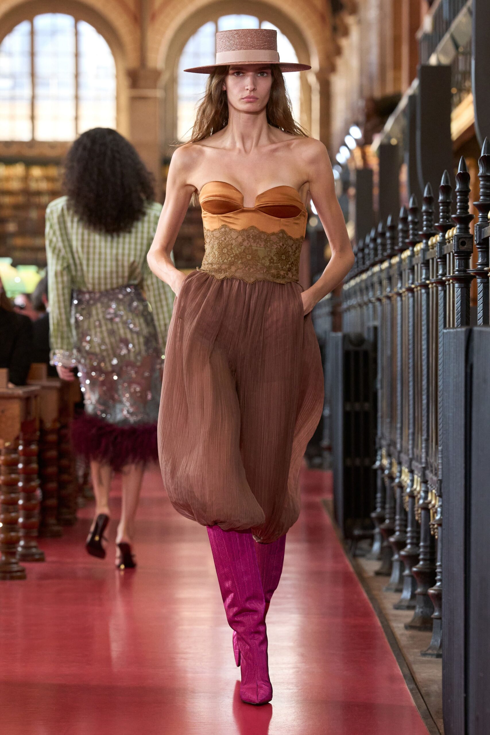 brown satin strapless sweetheart pleated panelled jumpsuit