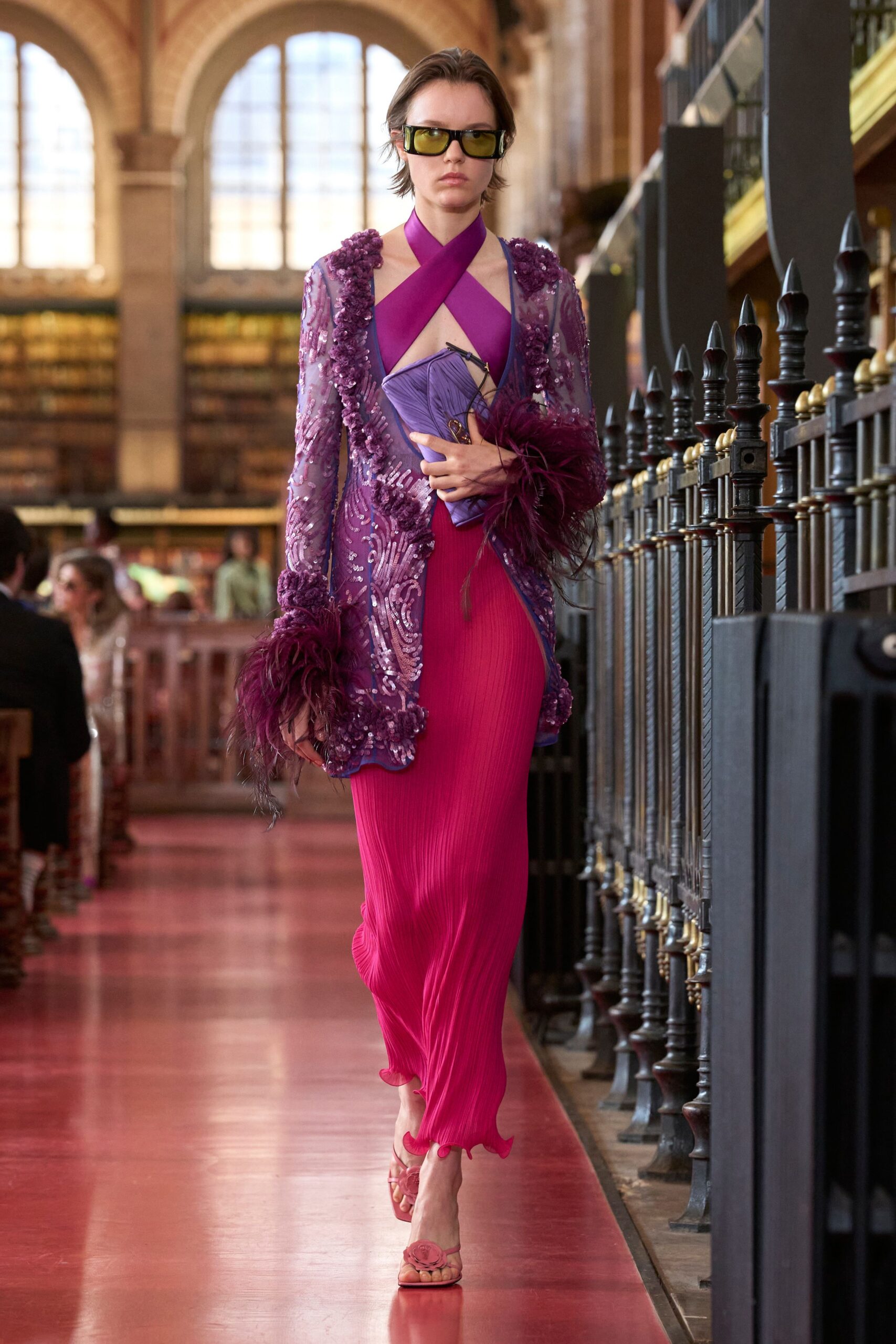 pink halter cutout column gown