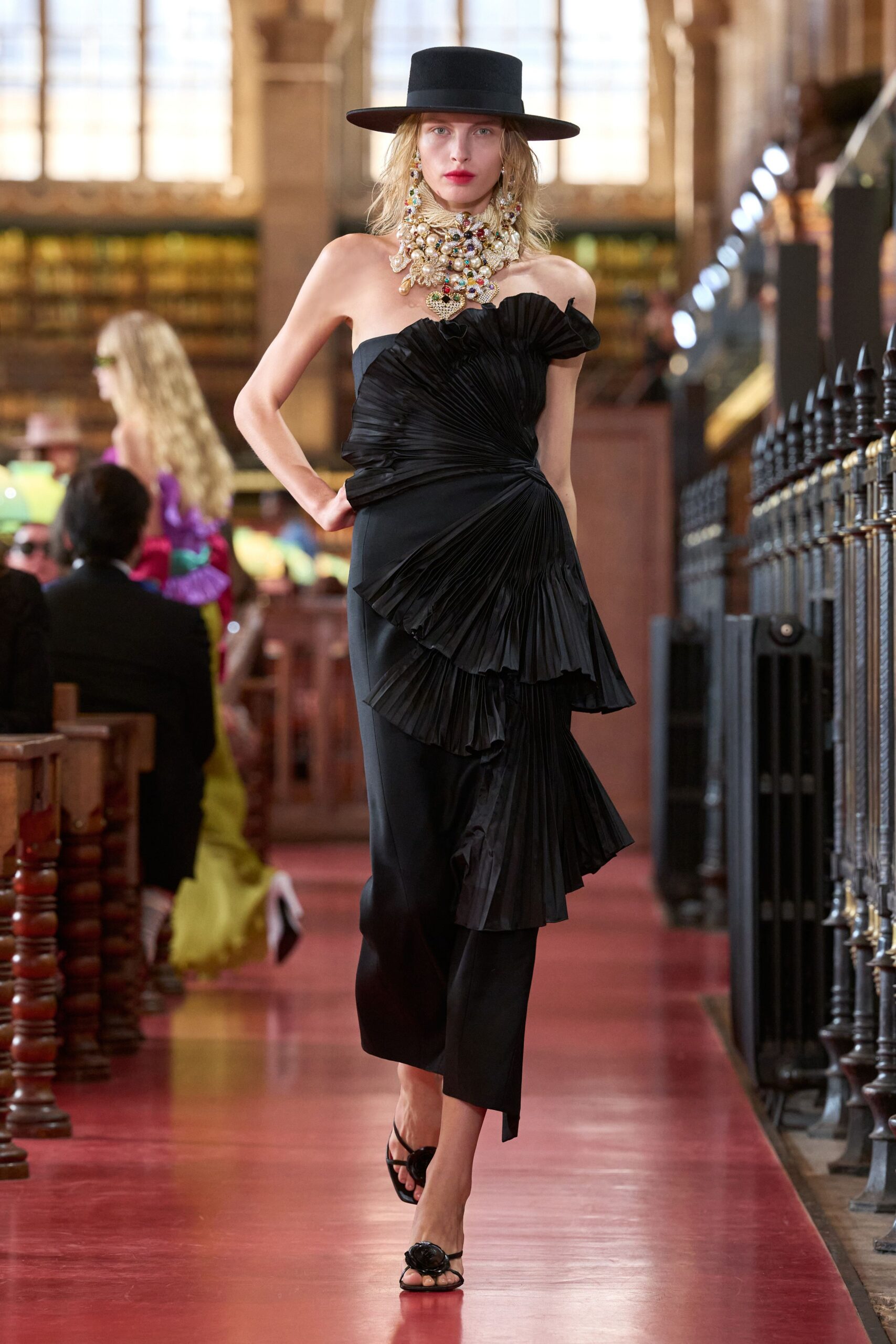 black satin strapless asymmetric fitted pleated ruffled dress