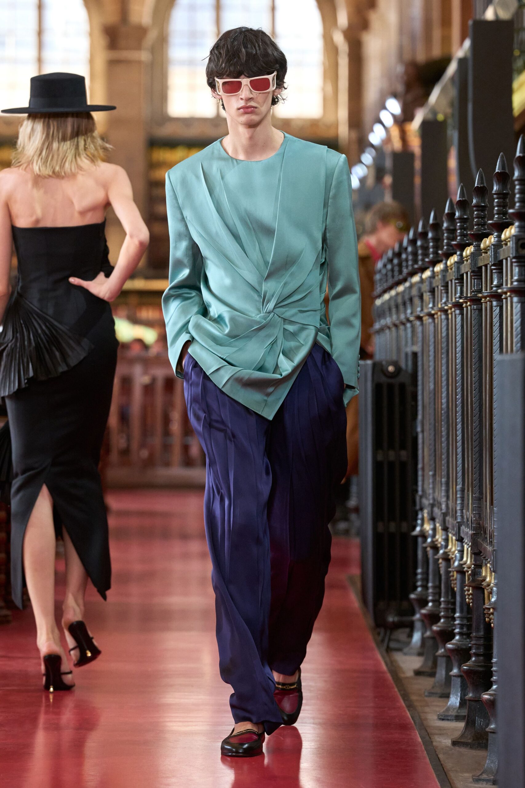 purple satin pleated wide-leg shiny flowing pants