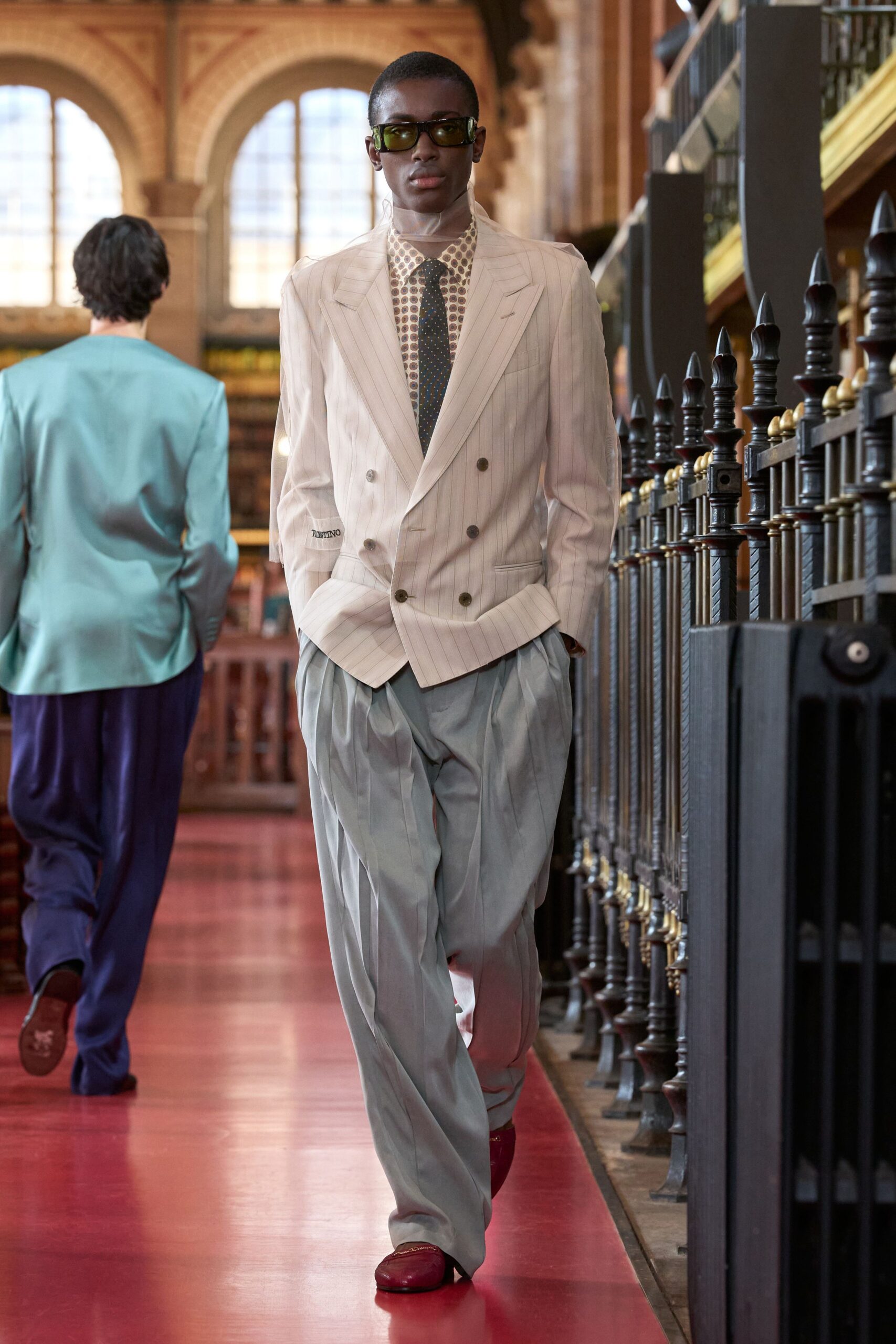 beige double-breasted long-sleeve tailored pinstriped buttoned blazer