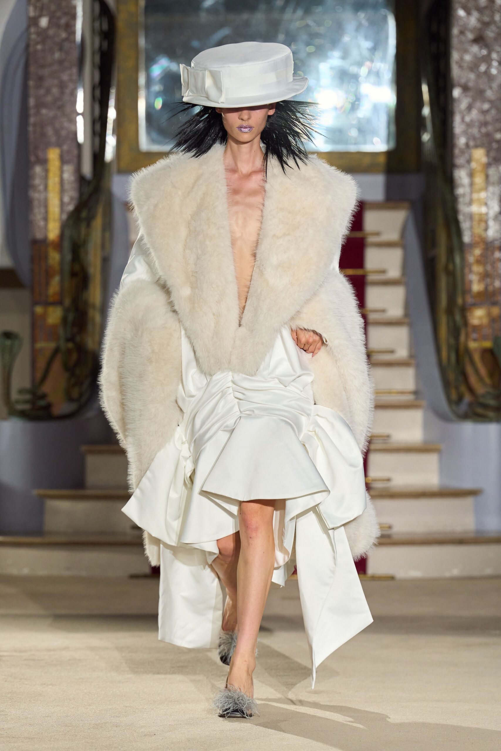 ivory fur open-front oversized textured maxi coat