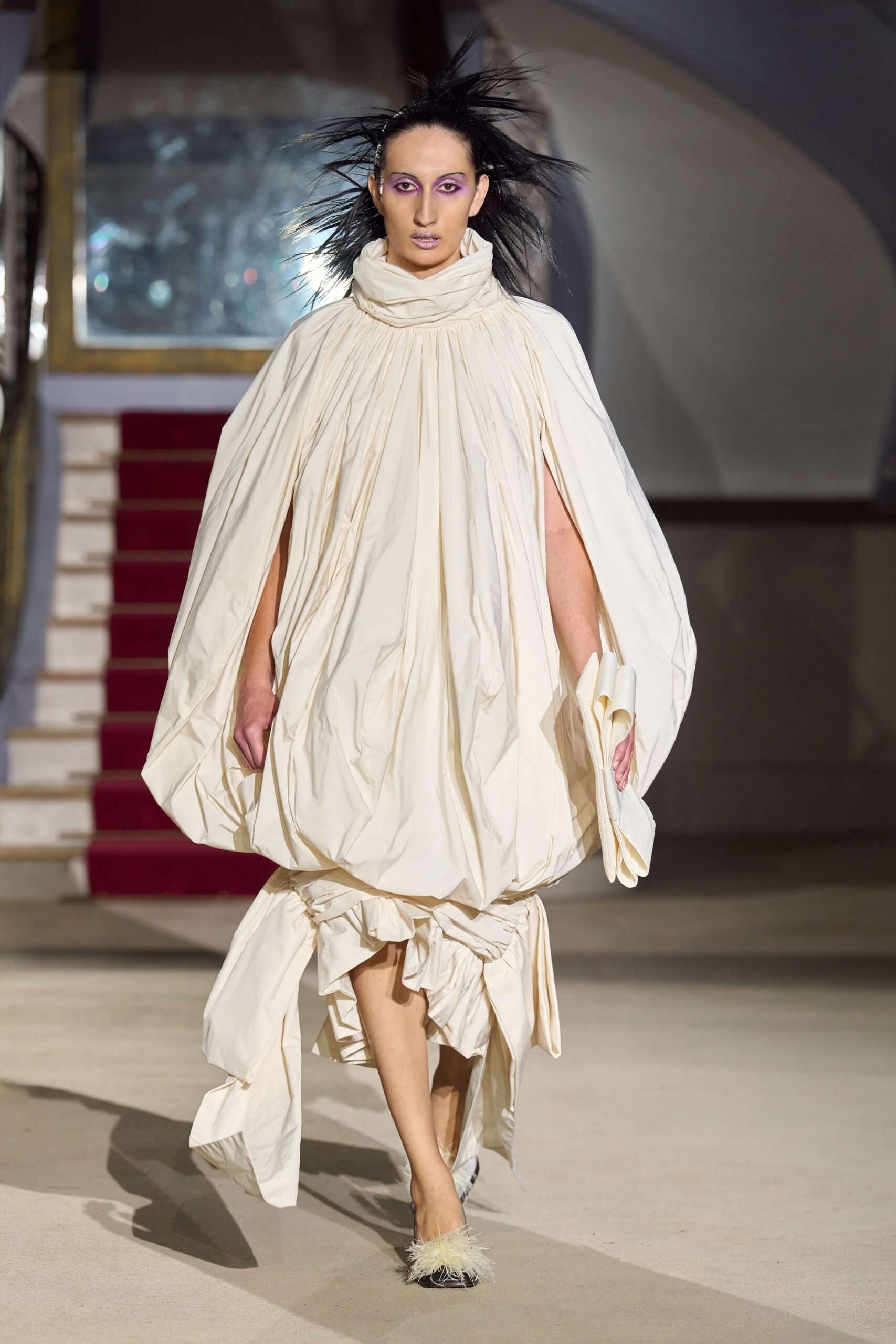 ivory high-neck ruched draped flowing maxi dress