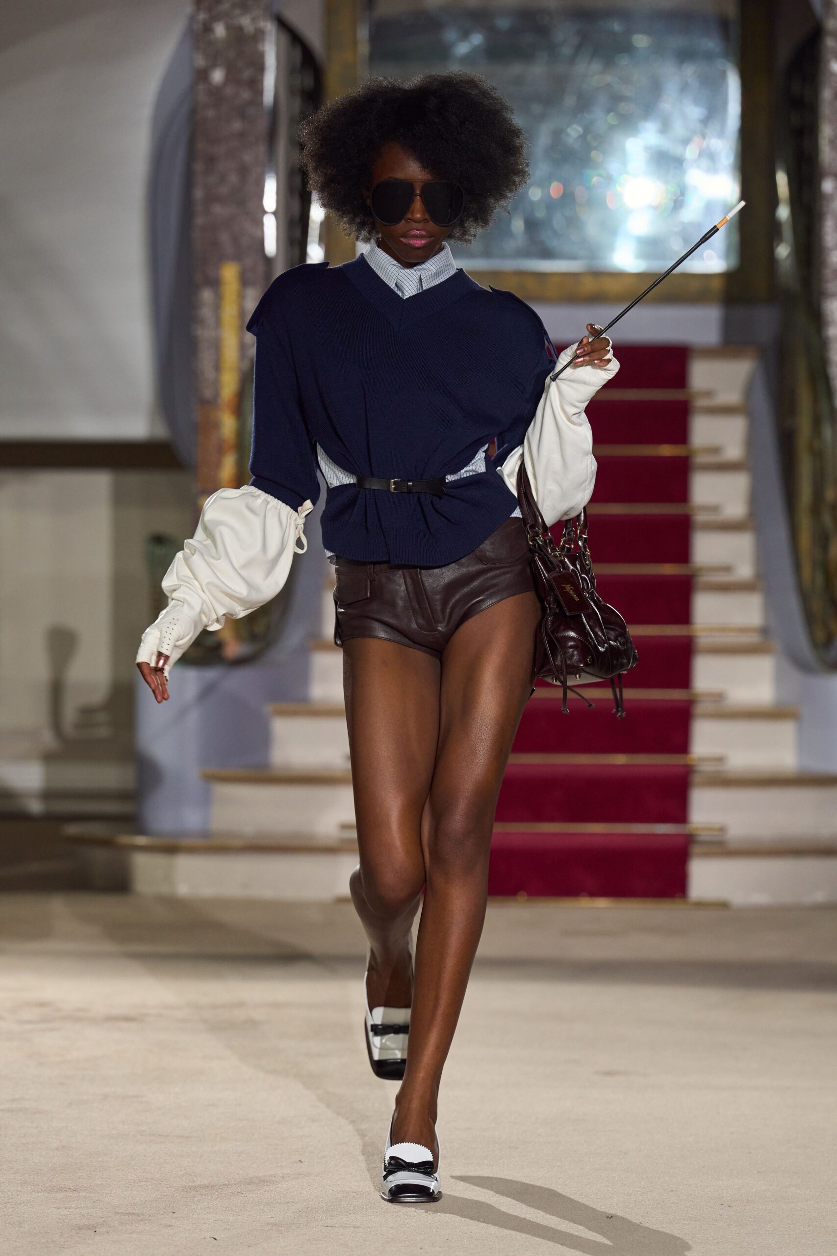 belted navy knit sweater