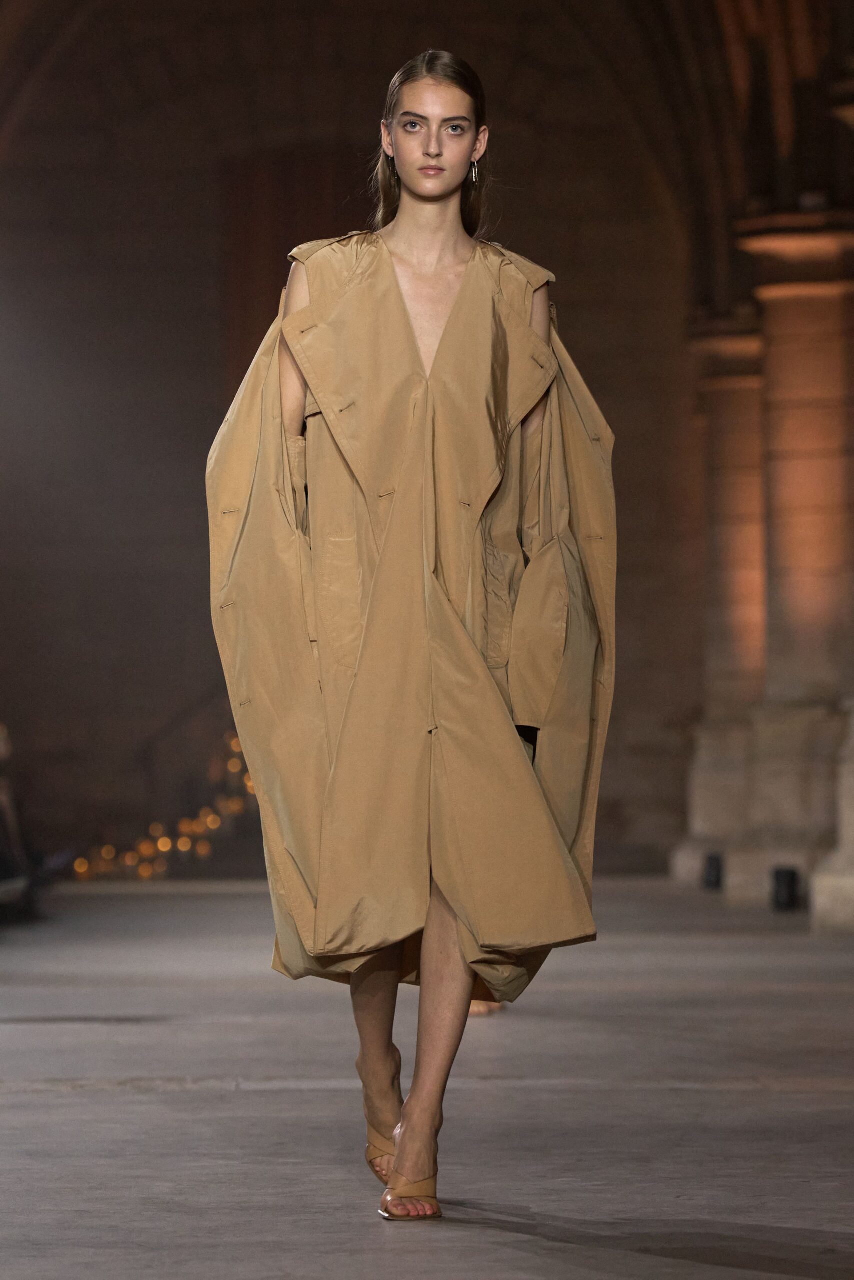 oversized draped beige midi dress