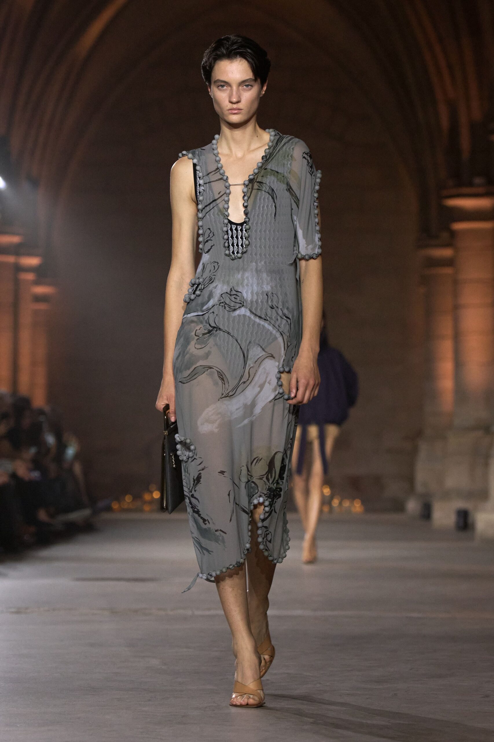 gray chiffon asymmetric sleeveless relaxed printed draped midi-dress