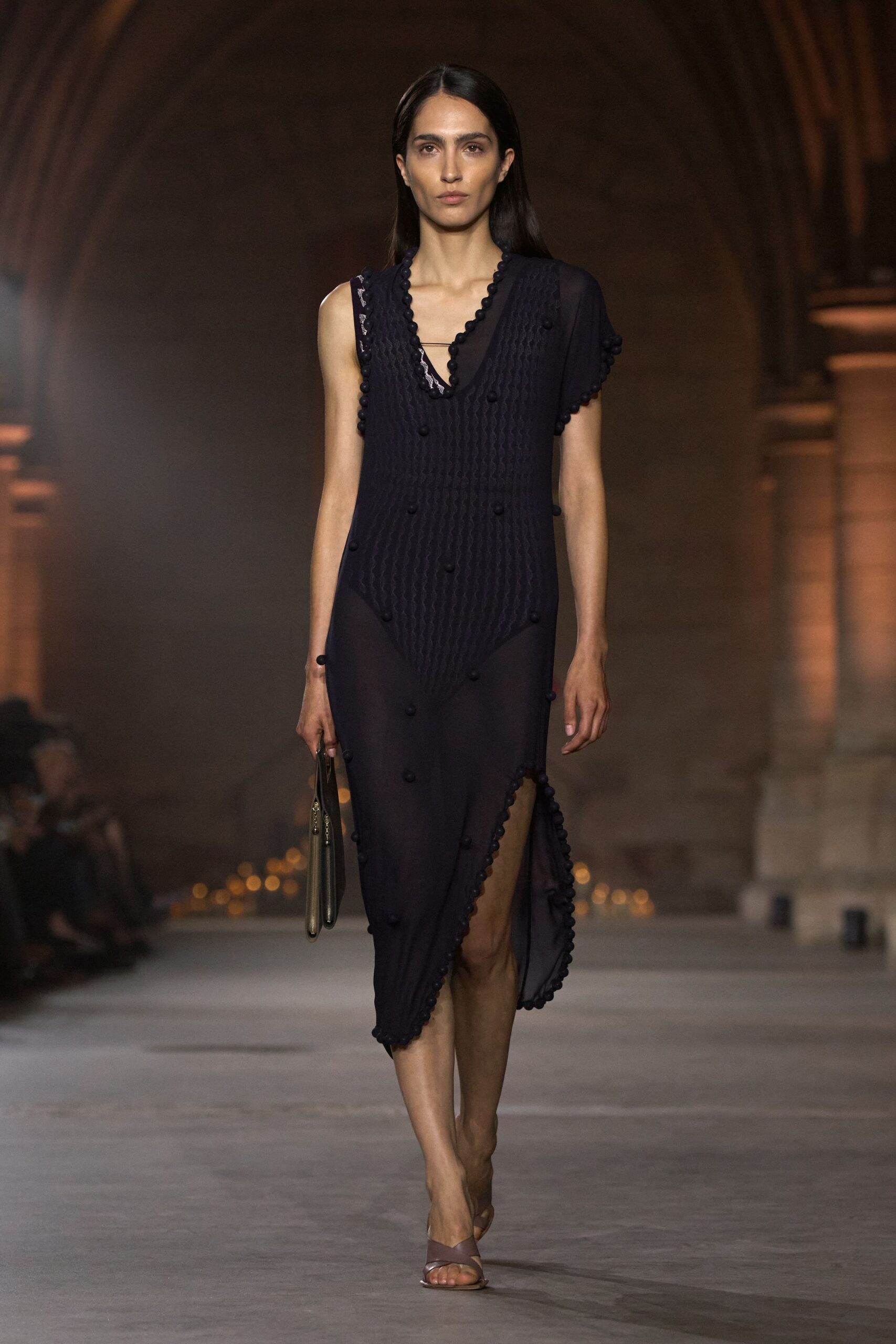 asymmetric pom-pom trim sheer midi dress
