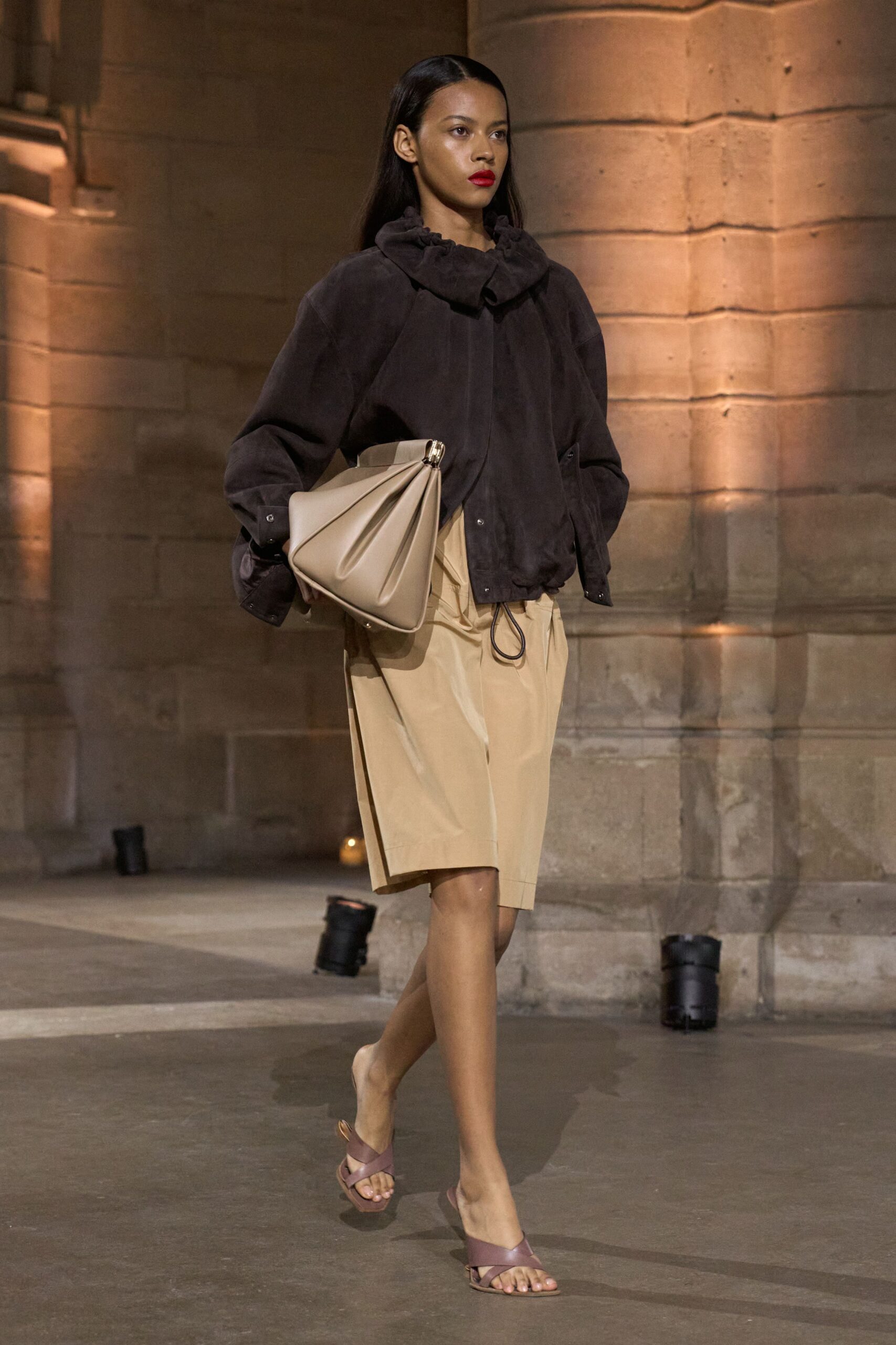 ruffle-neck suede bomber jacket