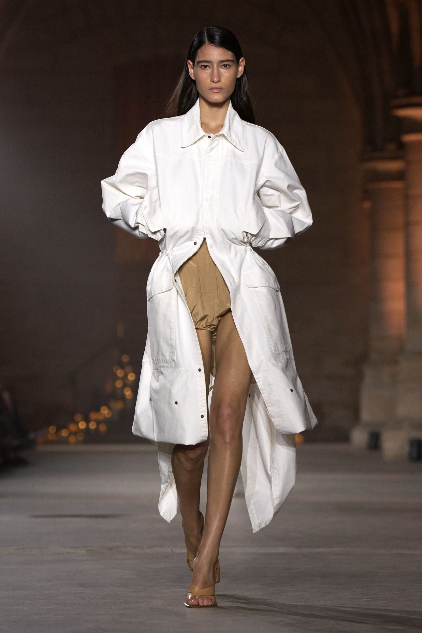 white drawstring-waist maxi coat