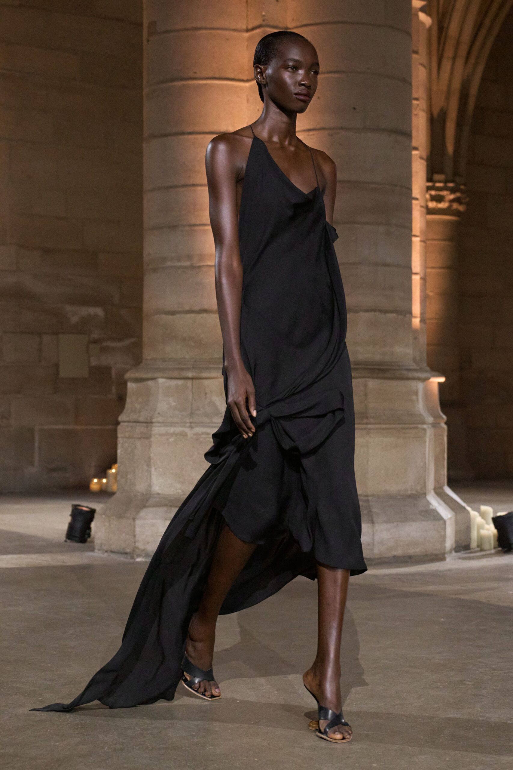 black draped high-low evening dress