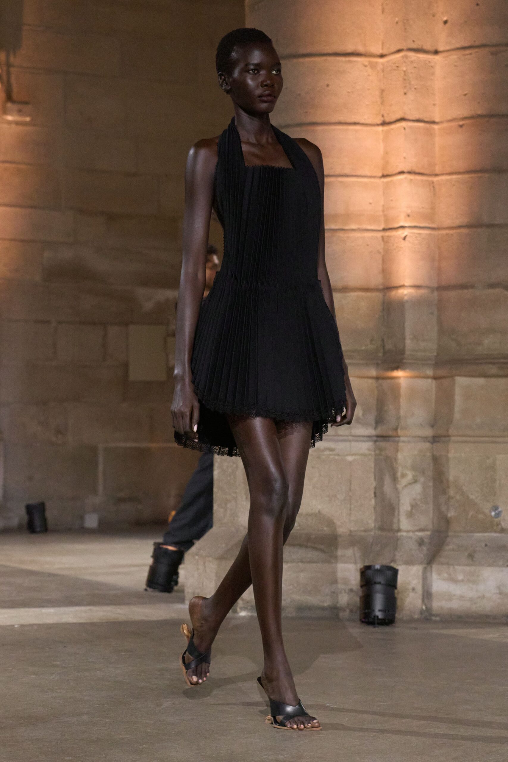 black pleated halter mini dress