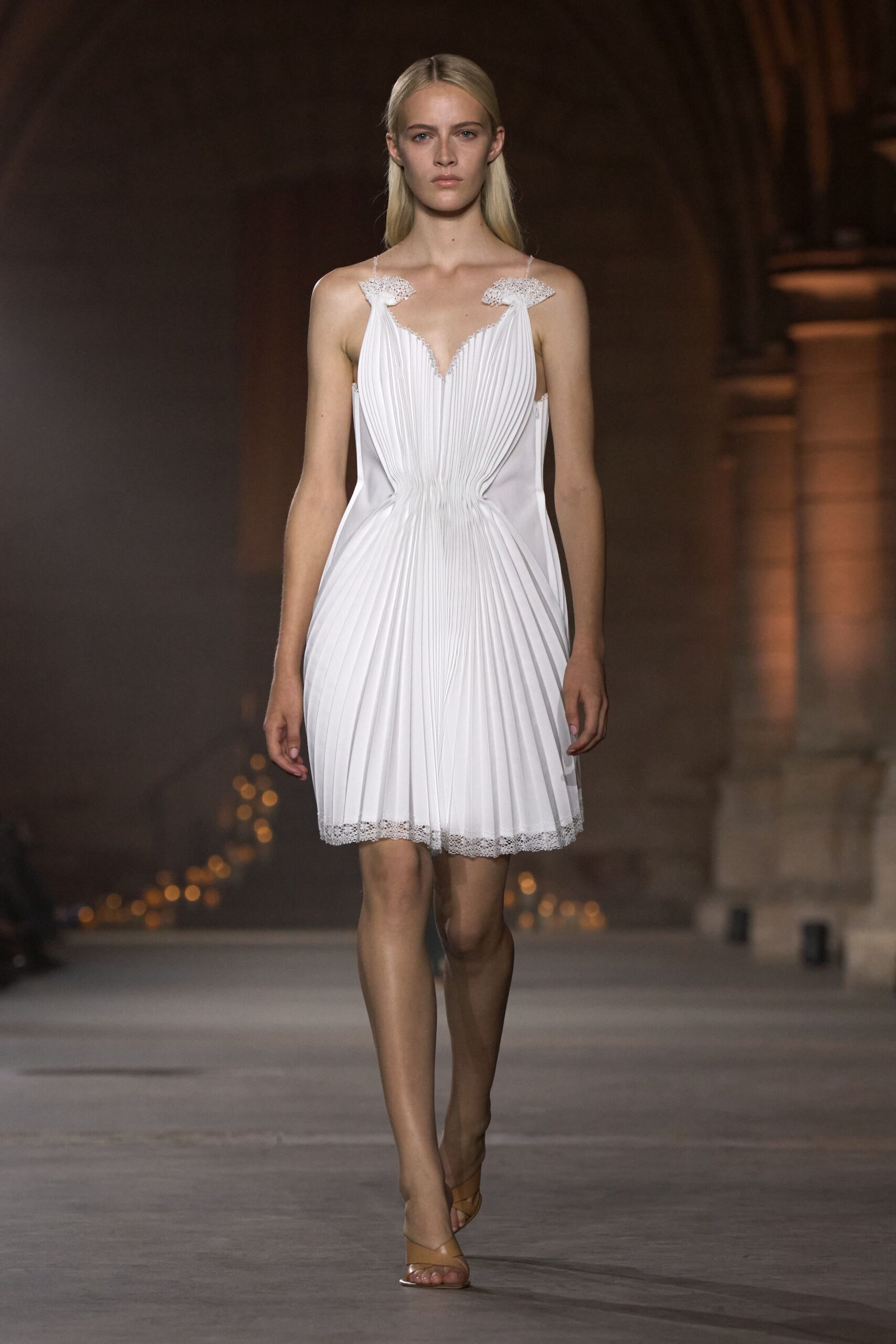 white pleated lace-trim mini dress