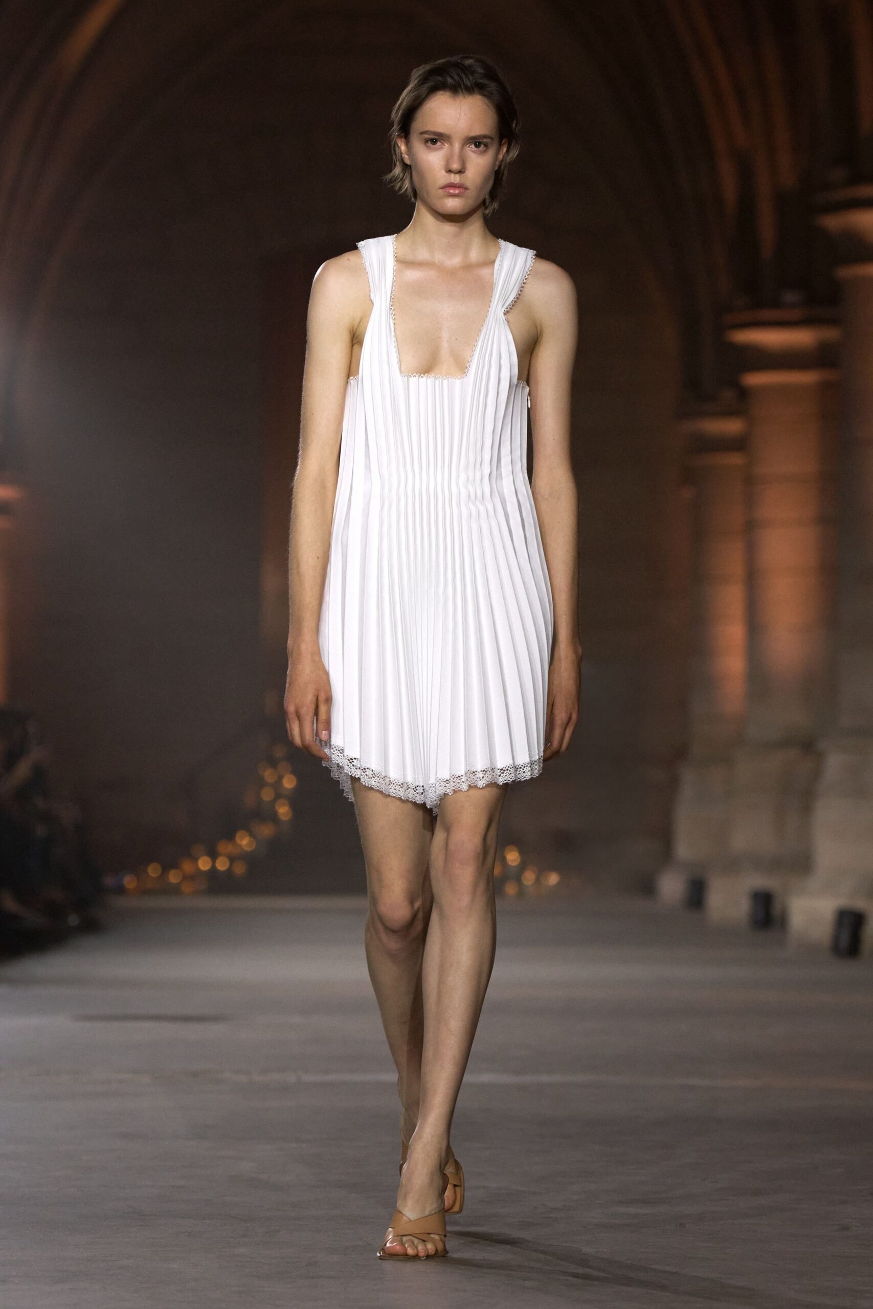 white pleated chiffon mini dress