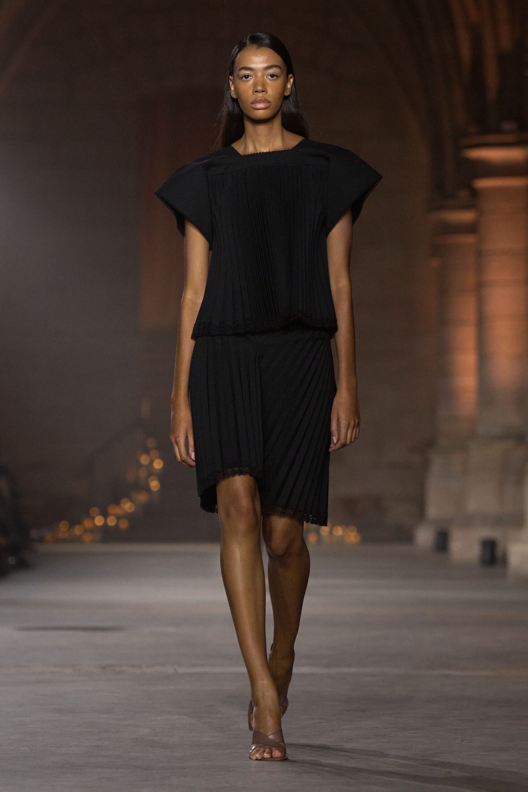 black pleated asymmetric skirt set
