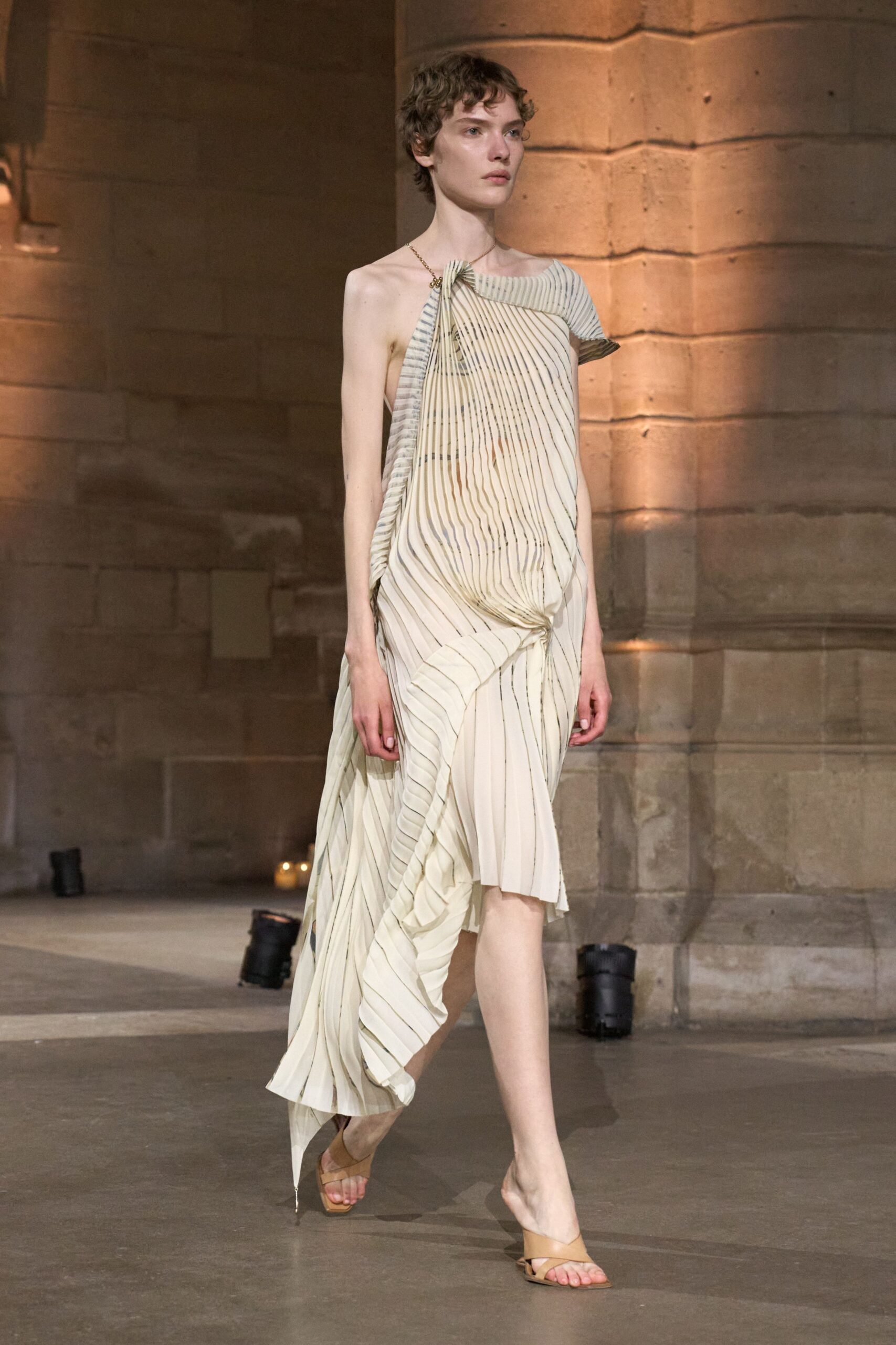 asymmetric pleated striped midi dress
