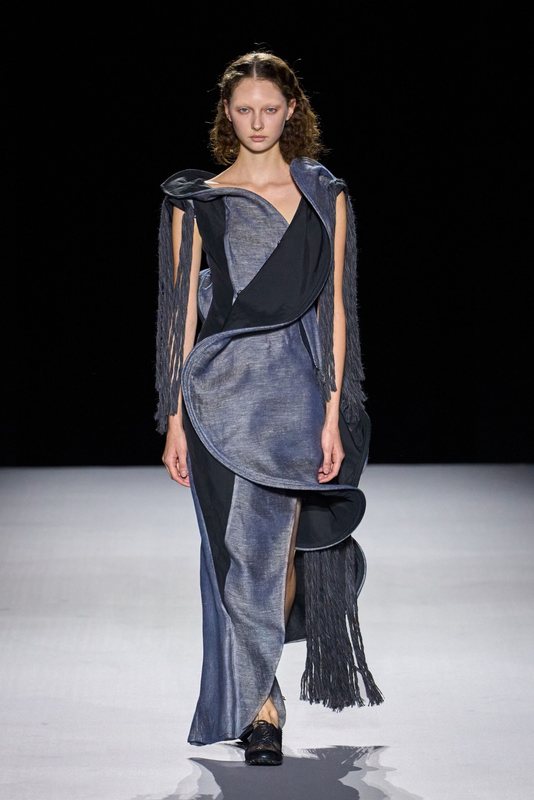 sculptural fringed asymmetric evening gown