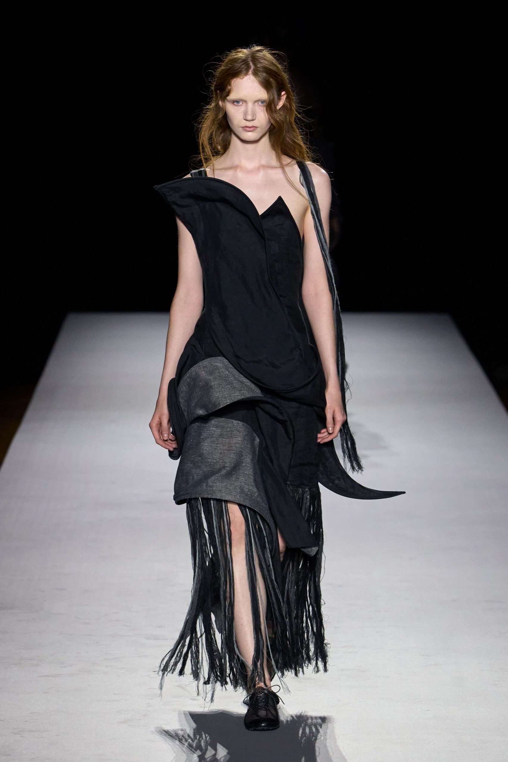 asymmetric fringed sculptural black dress