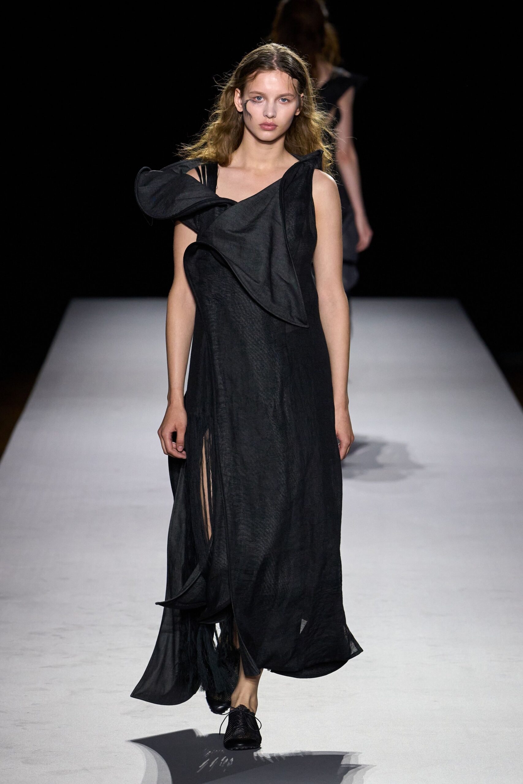 black asymmetric draped maxi dress