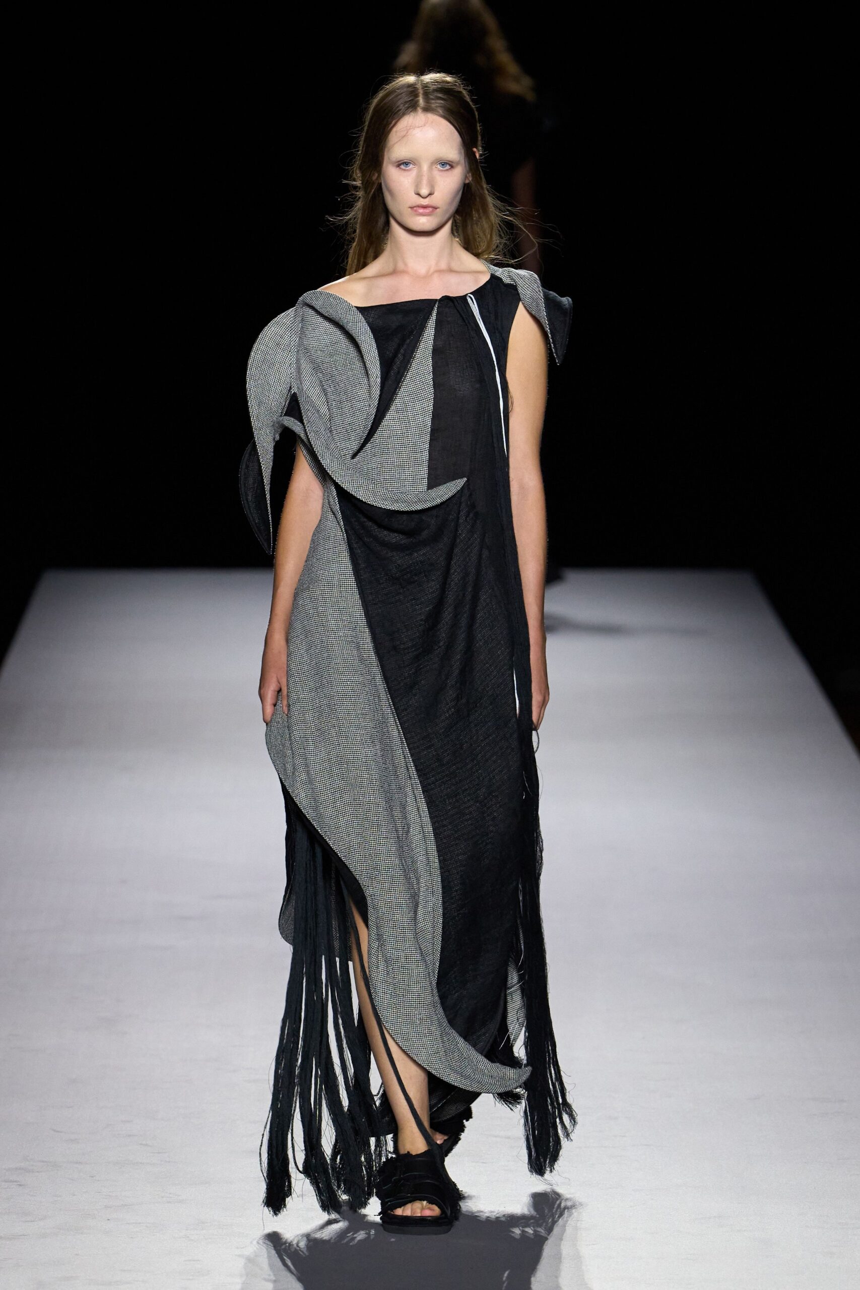 asymmetric draped fringed maxi dress