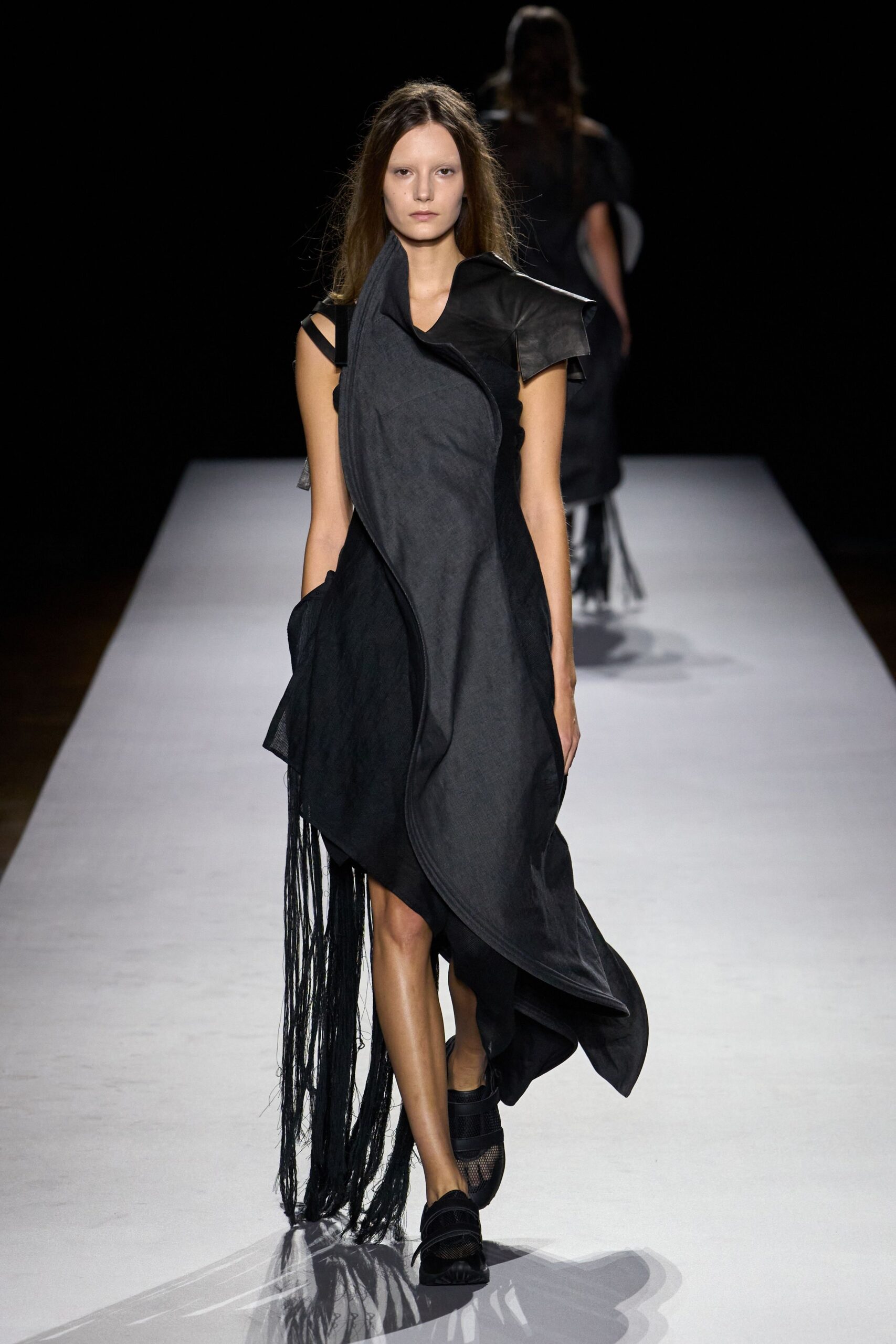 asymmetric fringed draped dress