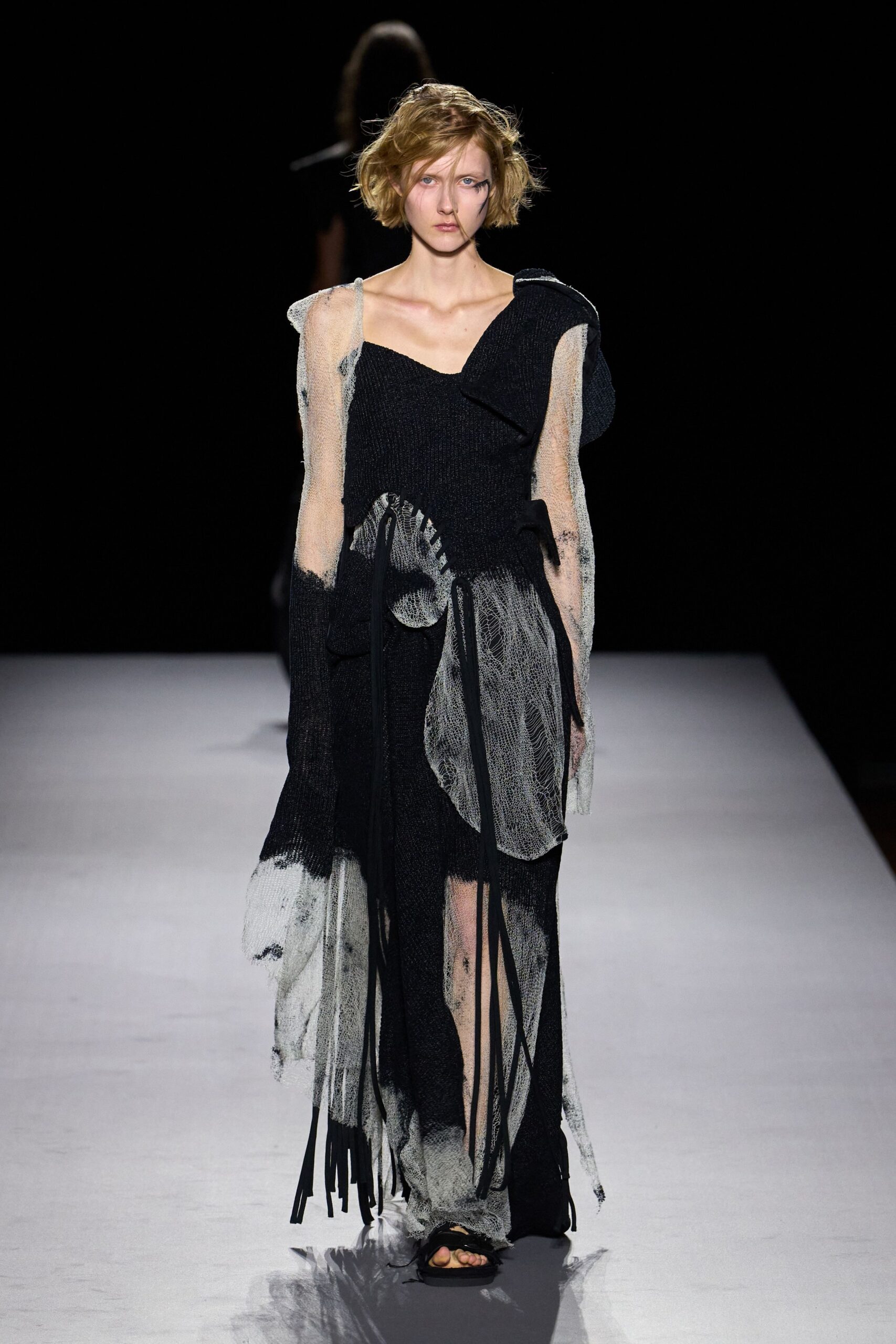 deconstructed fringed knit evening gown