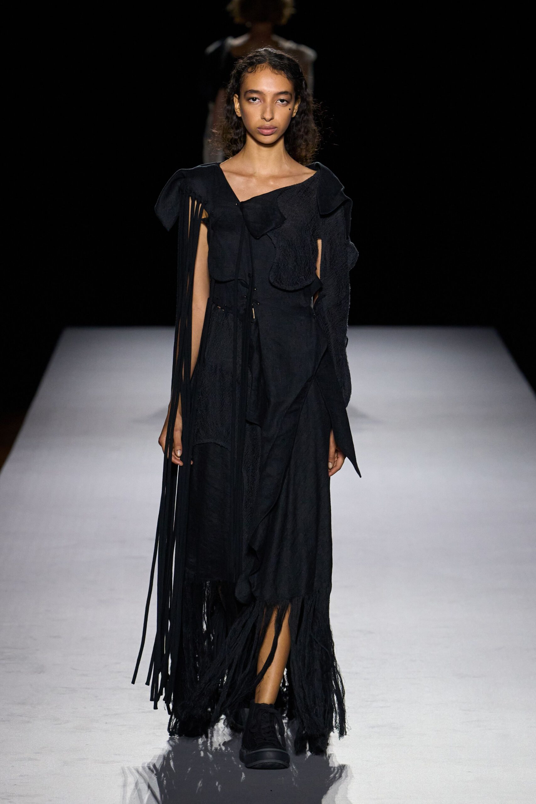 deconstructed black fringed maxi dress