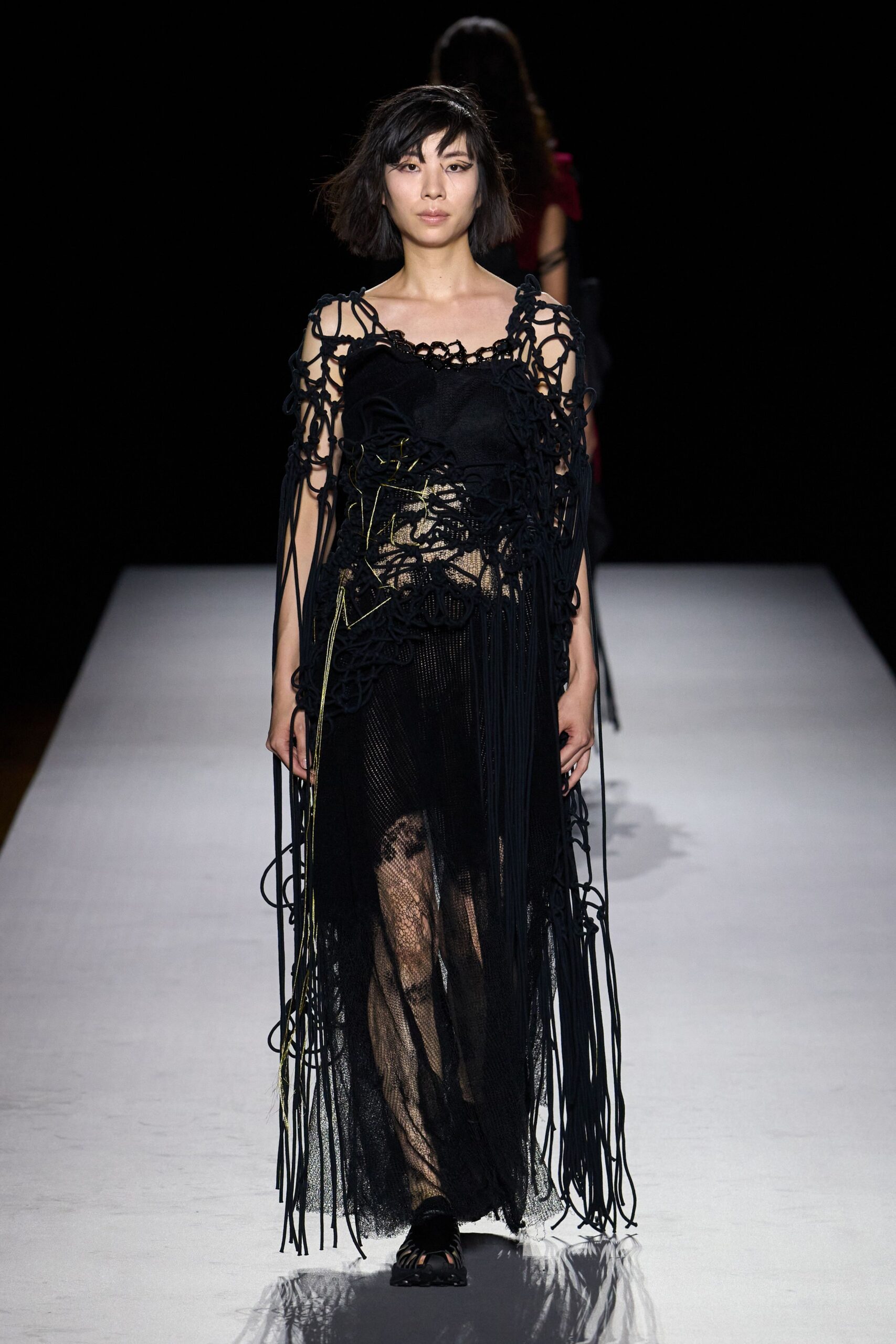 black macrame fringe sheer maxi dress