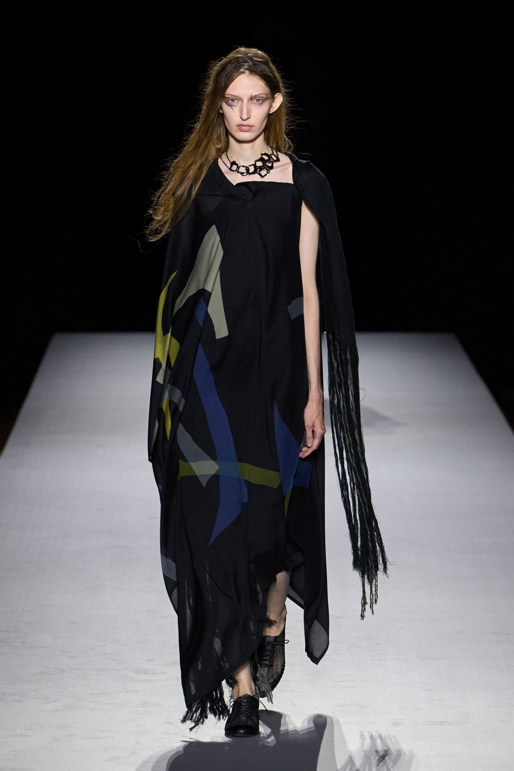 asymmetric fringed printed chiffon maxi dress