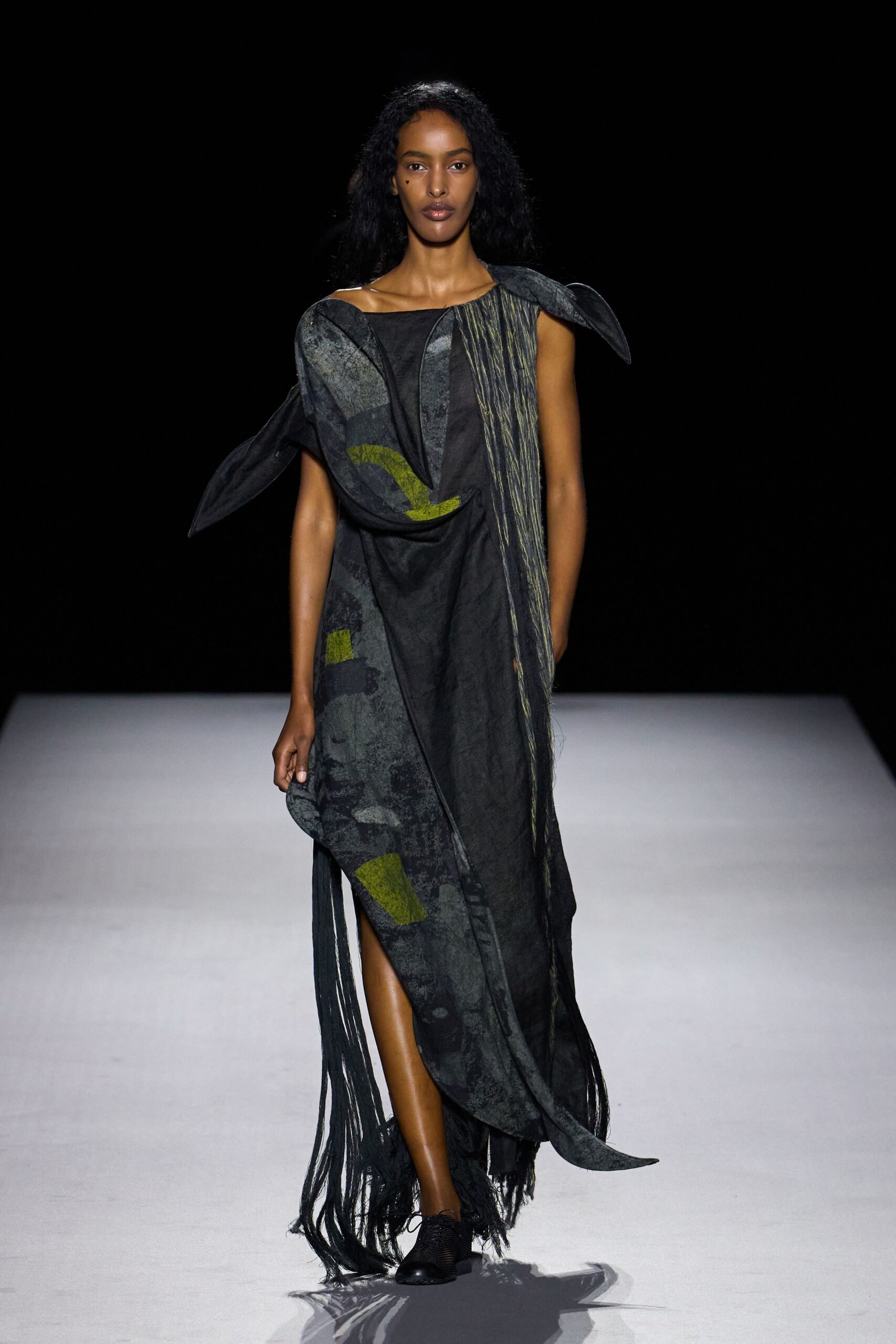 asymmetric fringed maxi dress