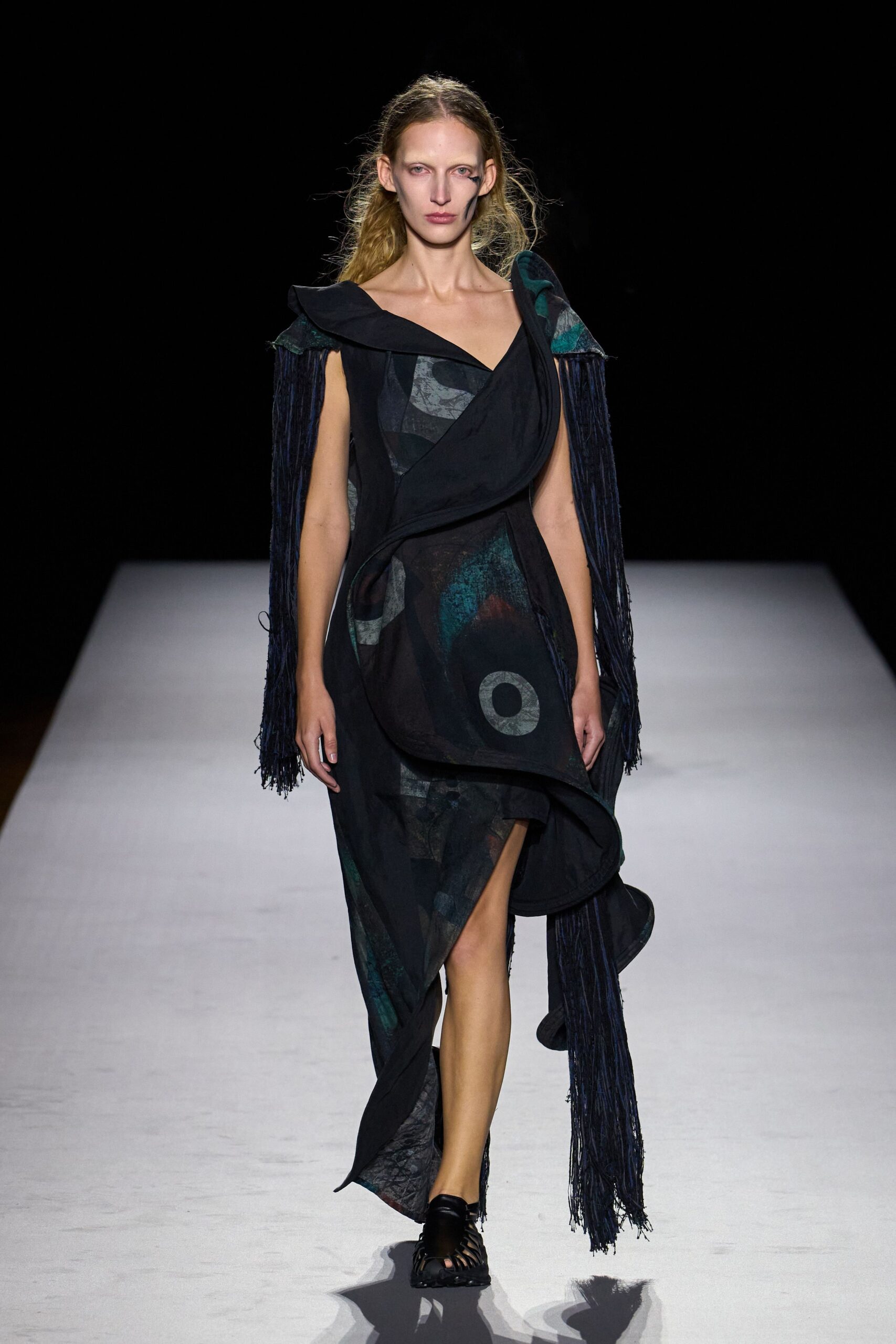 asymmetric fringed printed maxi dress
