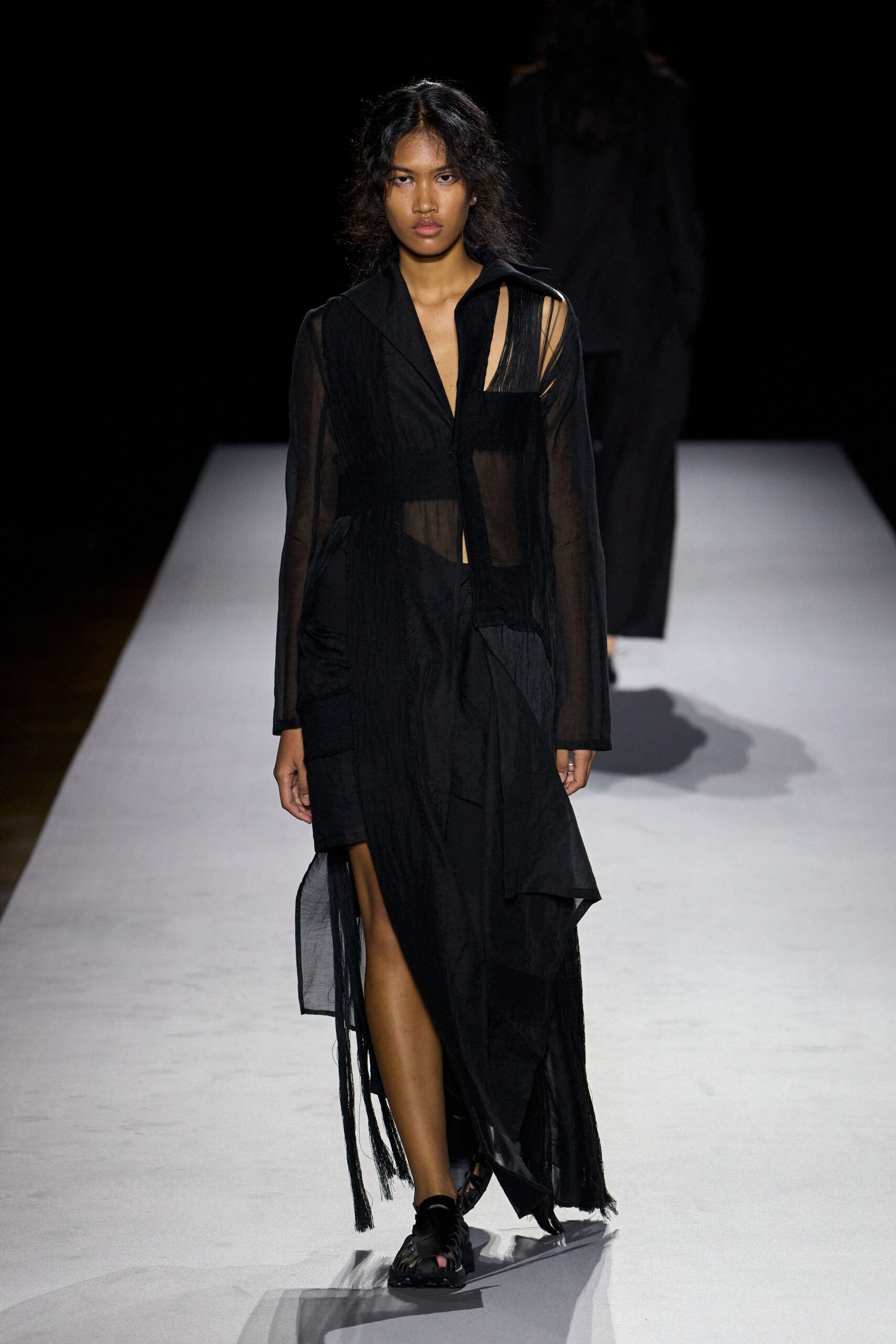 sheer fringed black shirt dress