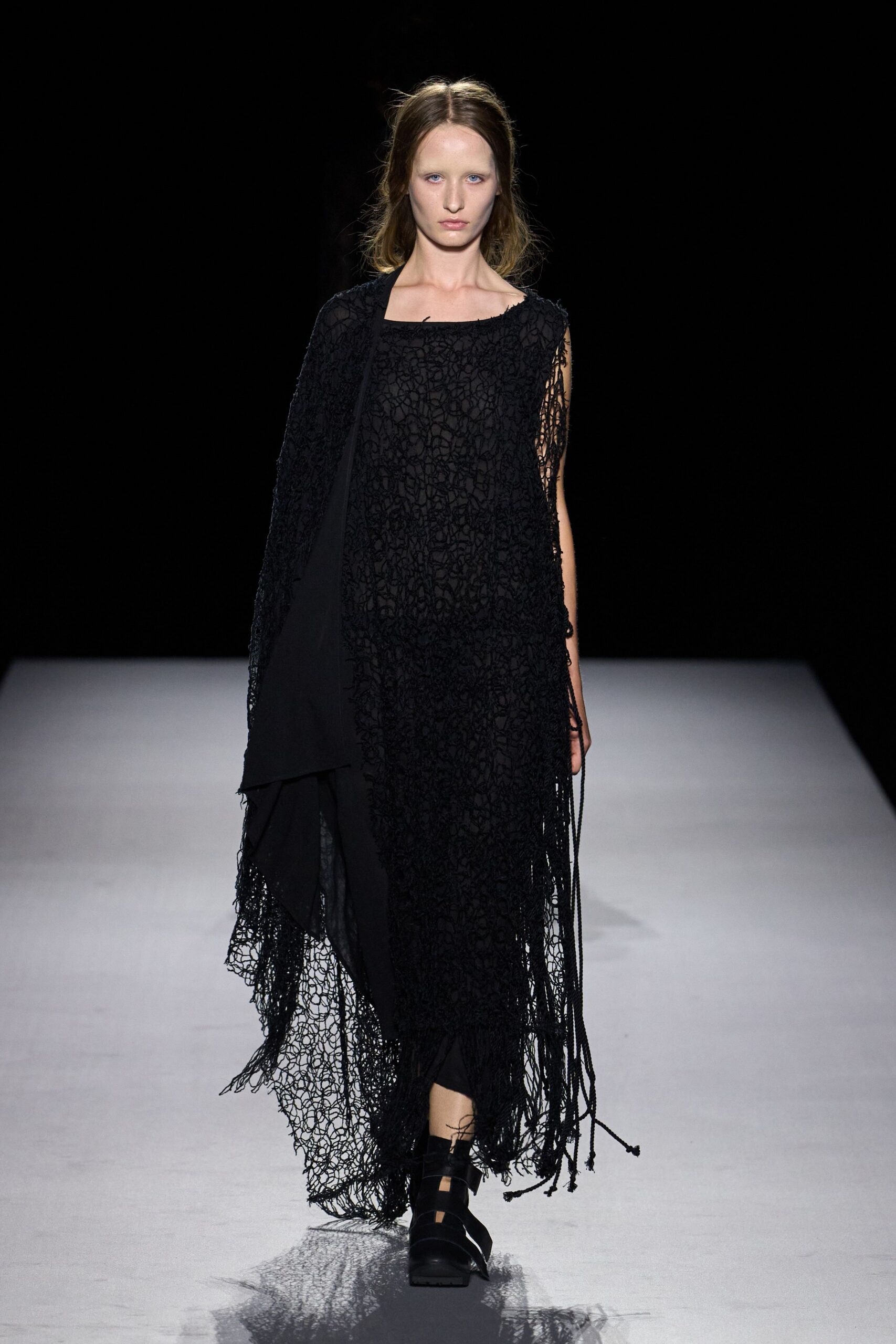 black fringed net maxi dress