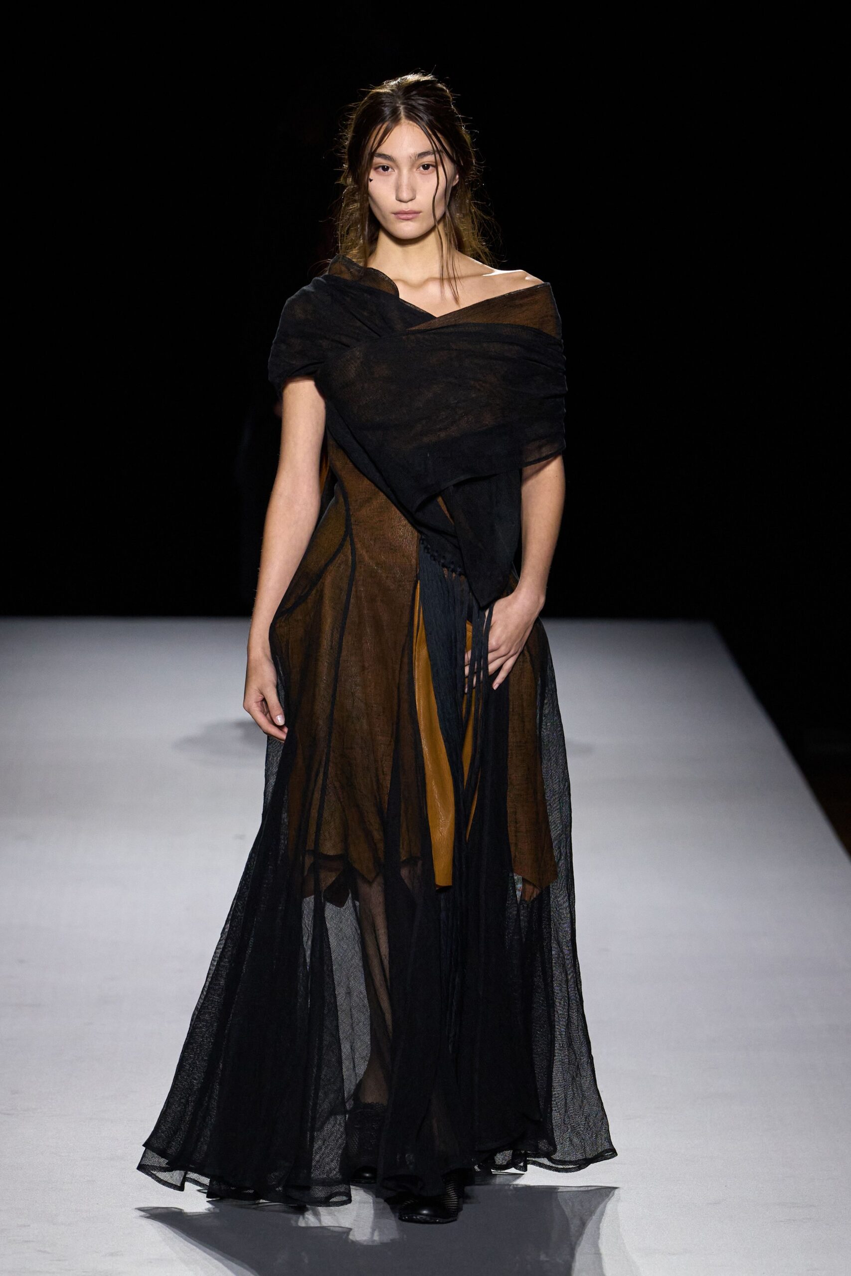 sheer draped off-shoulder evening gown