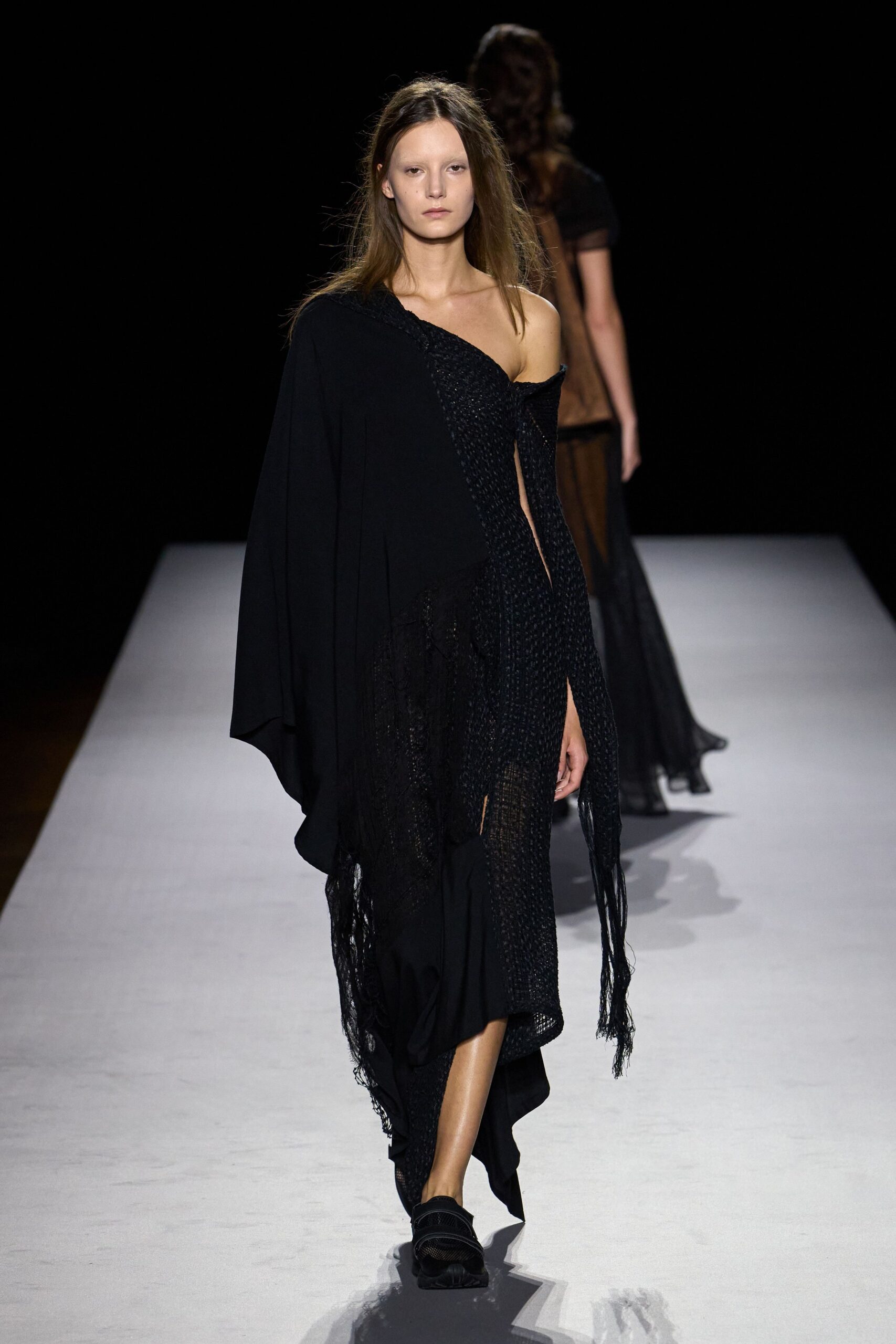 asymmetric sheer black draped dress