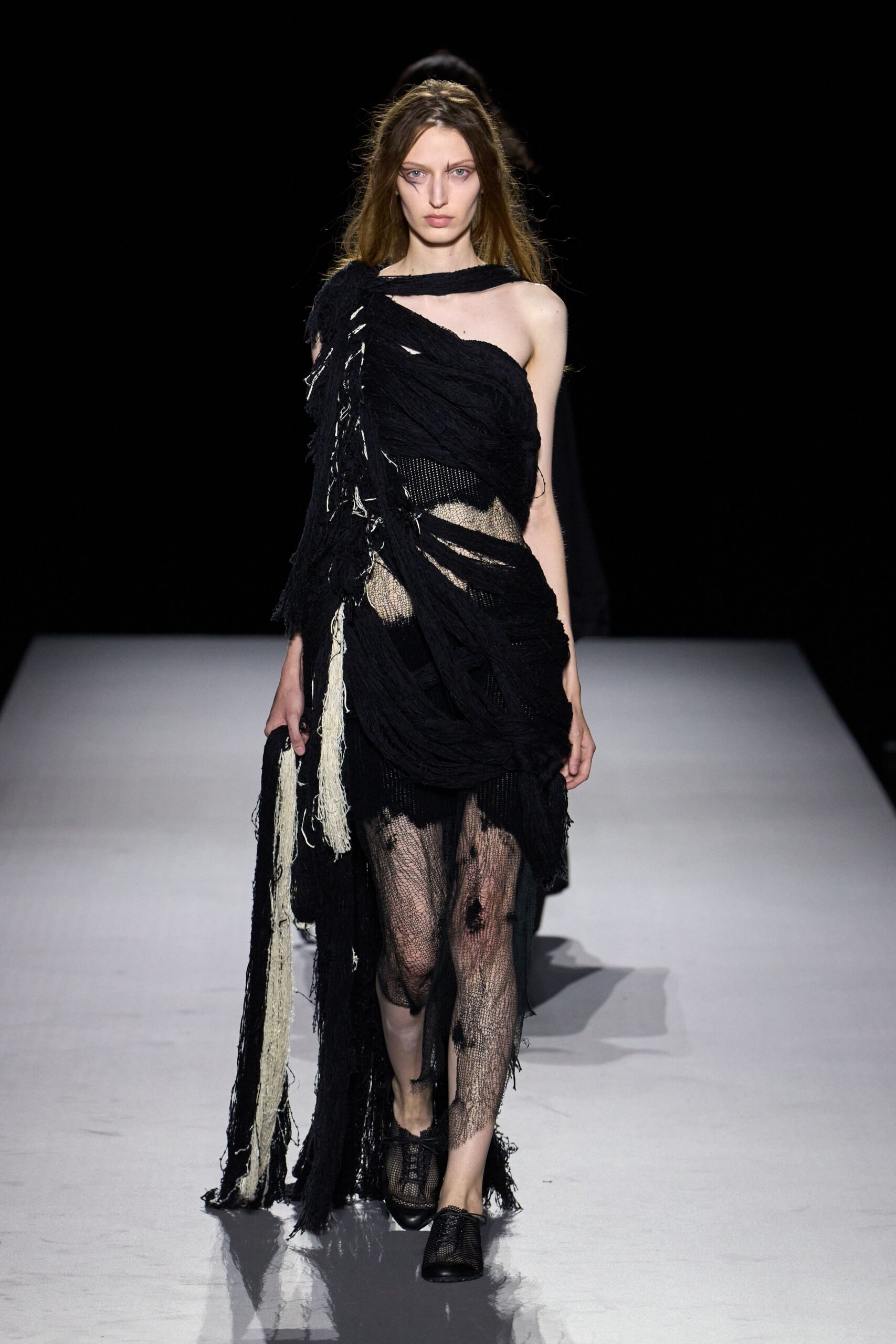 shredded one-shoulder black knit dress
