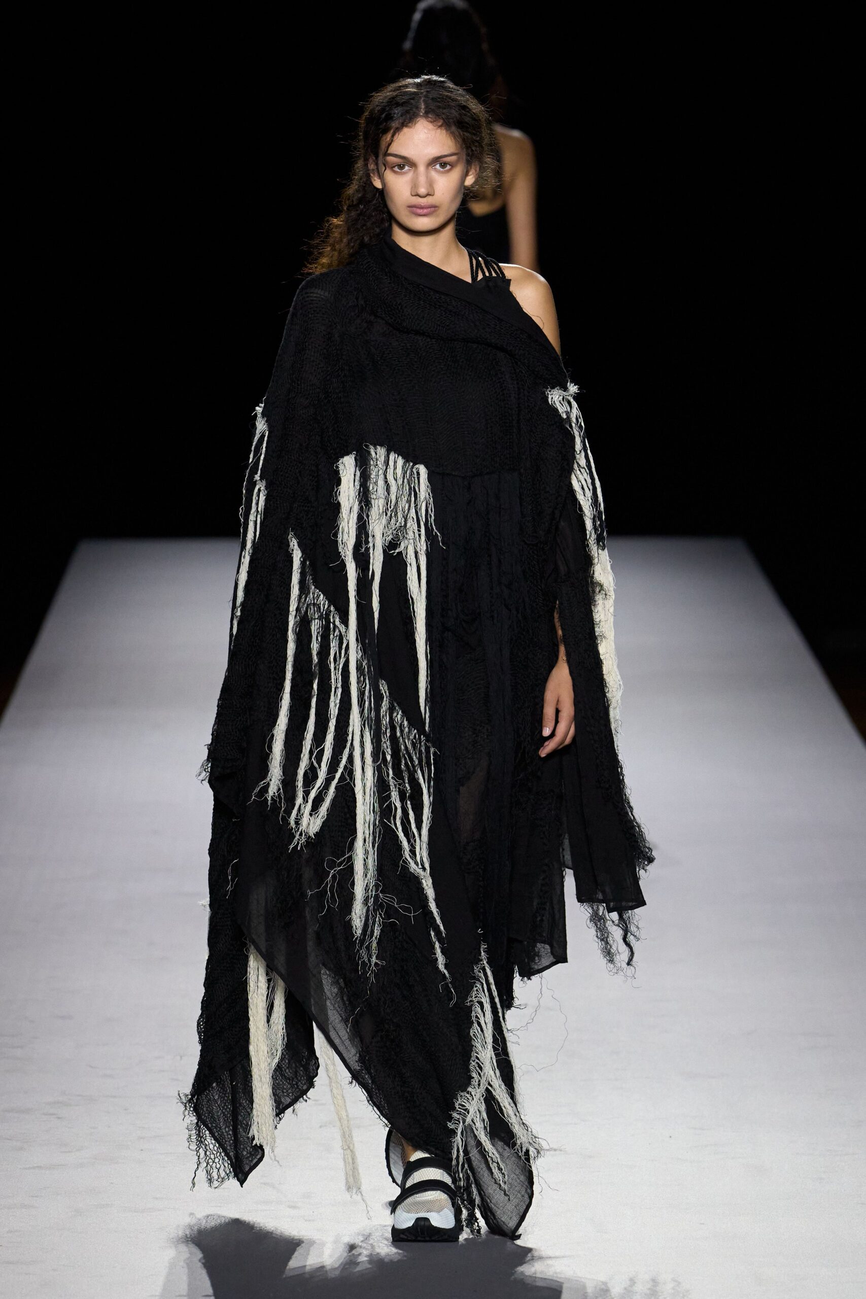 fringed asymmetric black maxi dress