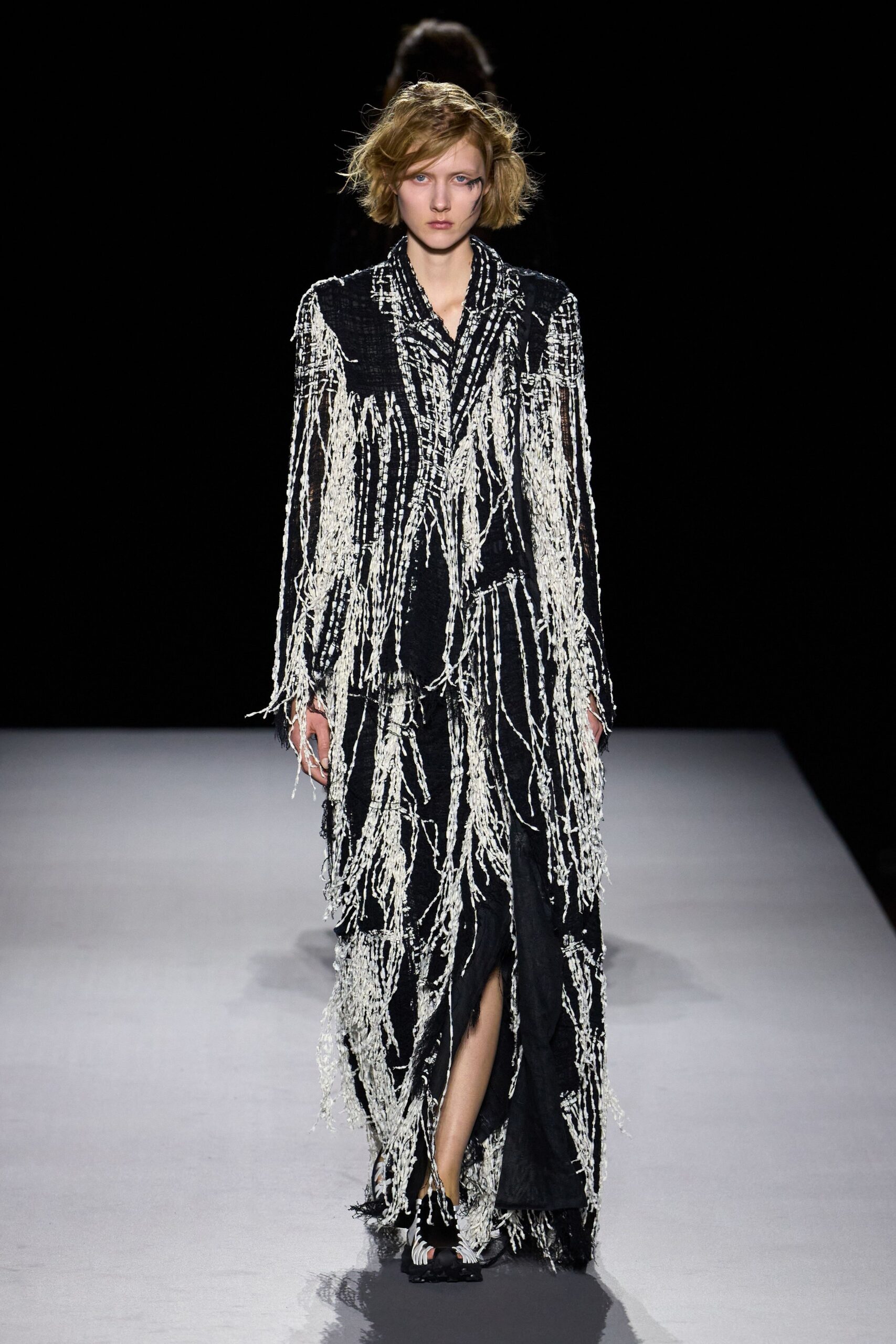 fringed black and white duster coat