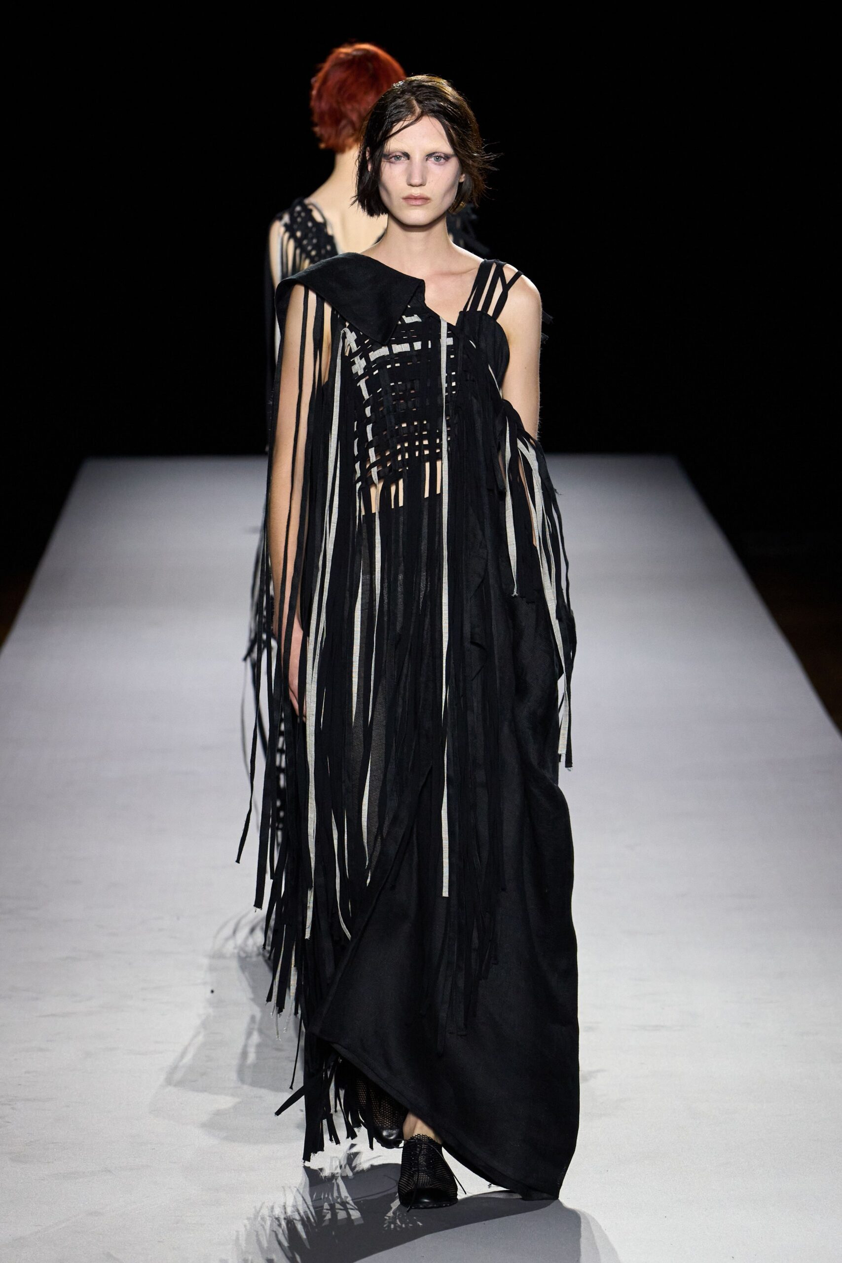 black fringed asymmetric maxi dress