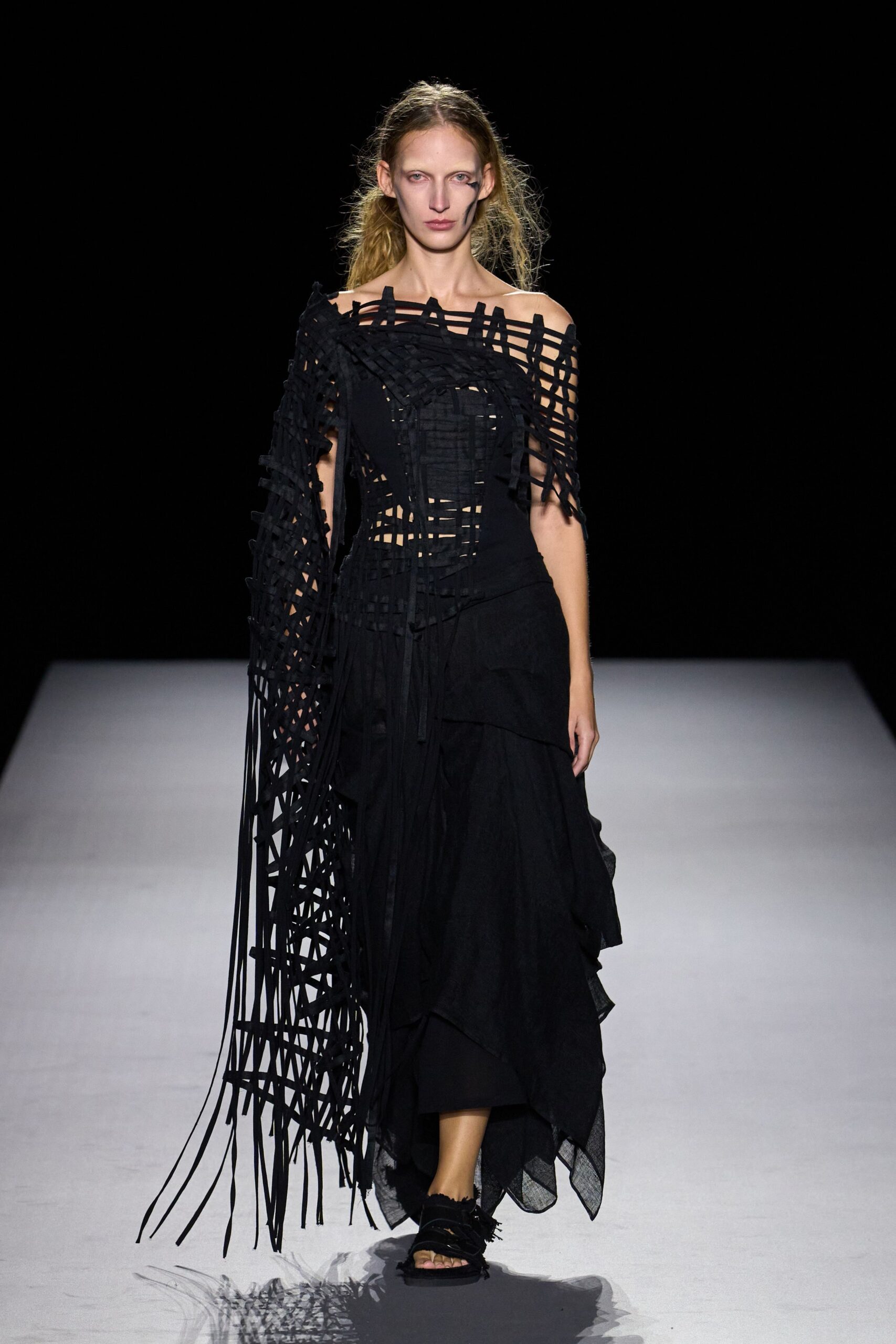 black woven lattice fringe dress