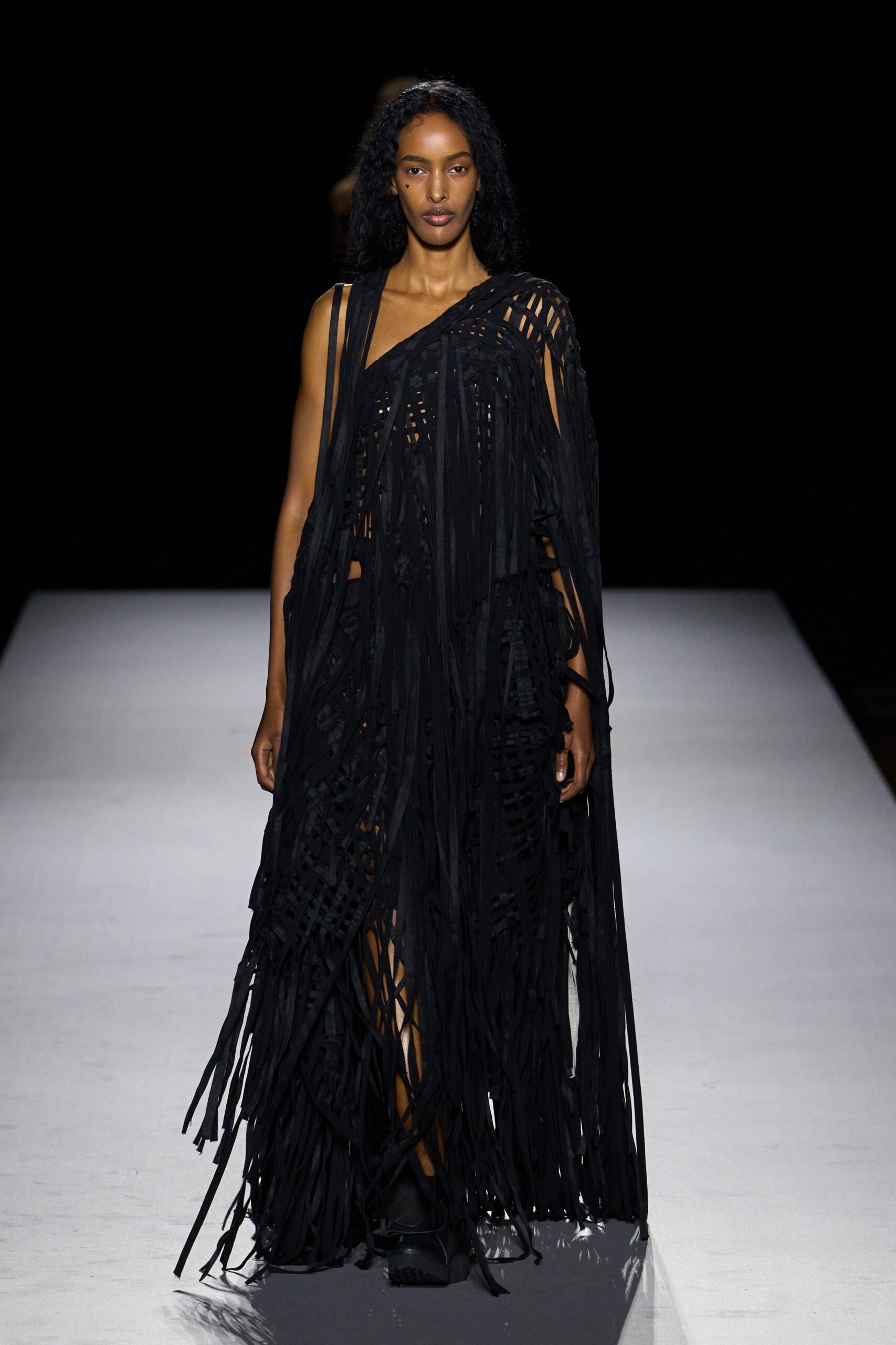 black lattice fringe evening gown