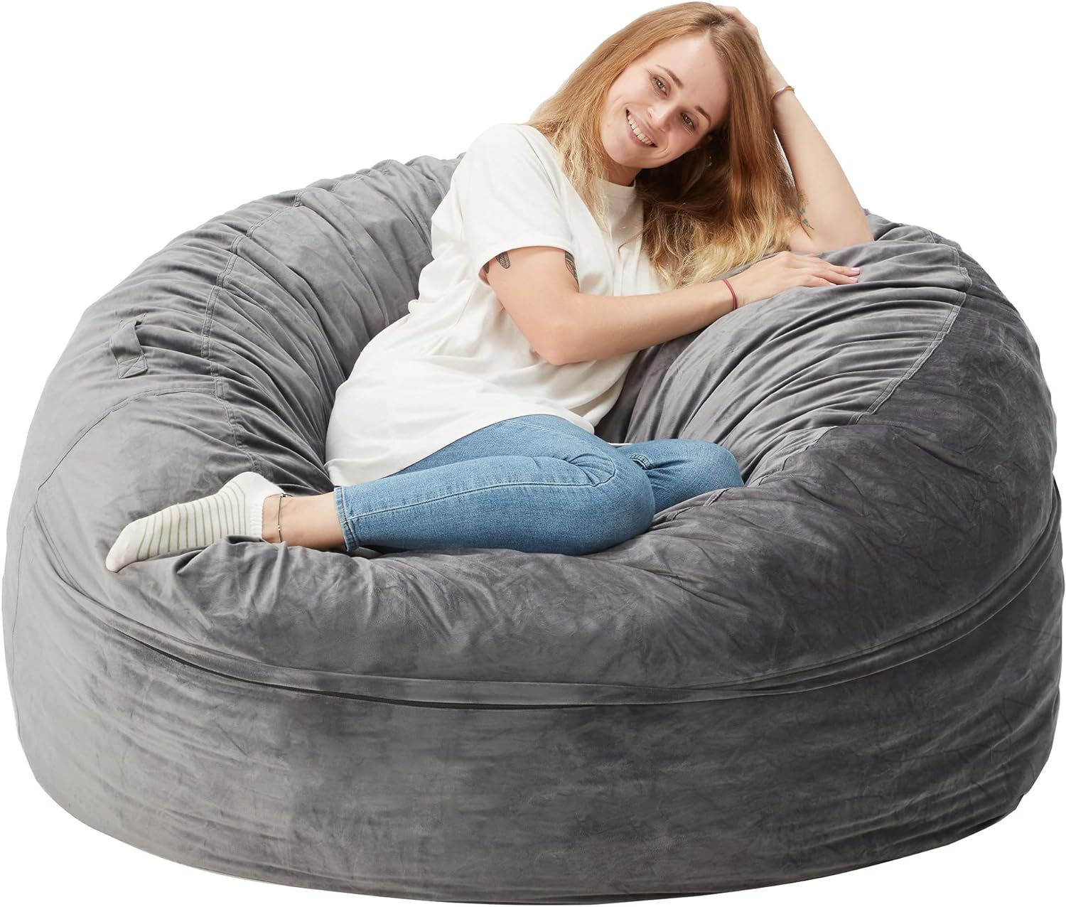 Homguava Bean Bag Chair: Large 5' Bean Bags with Memory Foam Filled, Large Beanbag Chairs Soft Sofa with Dutch Velet Cover-56×56"×36" (Grey)