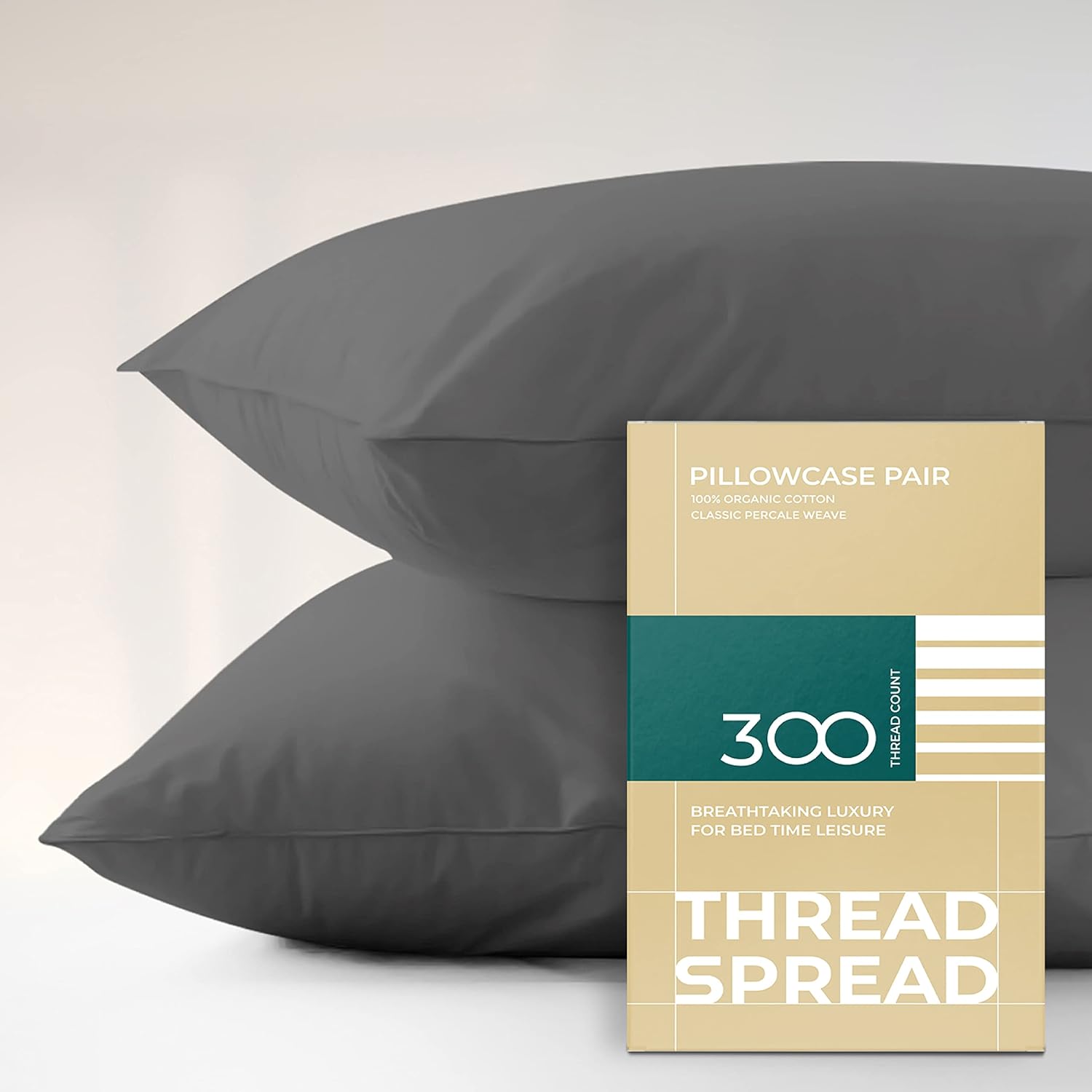 THREAD SPREAD 100% Organic Cotton Pillowcases - Soft and Crisp, Cooling Percale Weave, Breathable Pillow Covers, Set of 2 (King Size, Dark Gray)