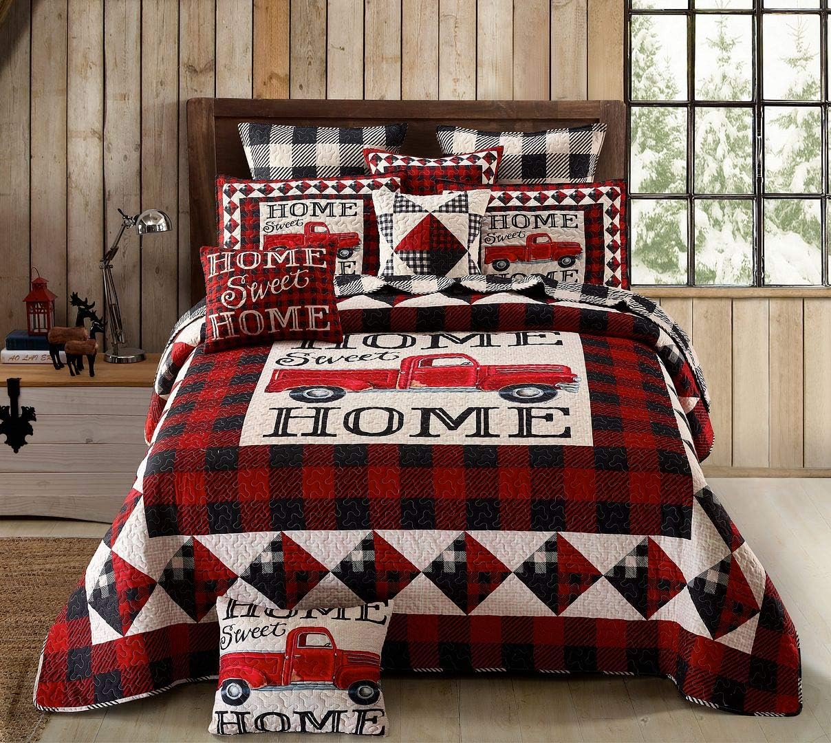 Virah Bella 3 Piece Queen Cabin Quilt Bedding Set - Strain Red Truck Home Sweet Home - Rustic Wildlife Country Reversible Camping Comforter with Decorative Pillow Shams, Red/White