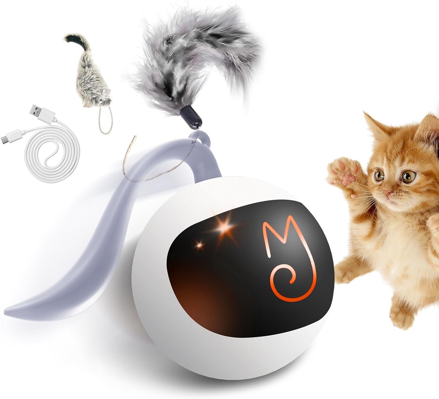 Migipaws Interactive Cat Ball Toy Set, Fun Tracker, Automatic Rolling Chase Ball with Fluffy Tail, A Small Mice, Rechargeable��White��