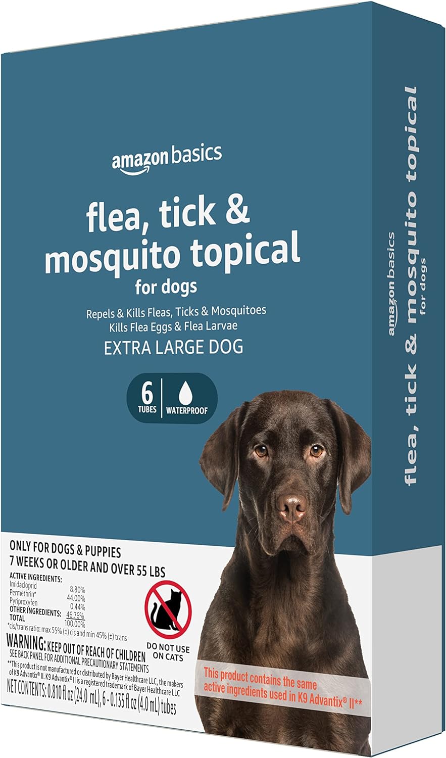 Amazon Basics Flea, Tick & Mosquito Topical Treatment for X-Large Dogs (over 55 pounds), 6 Count (Previously Solimo)