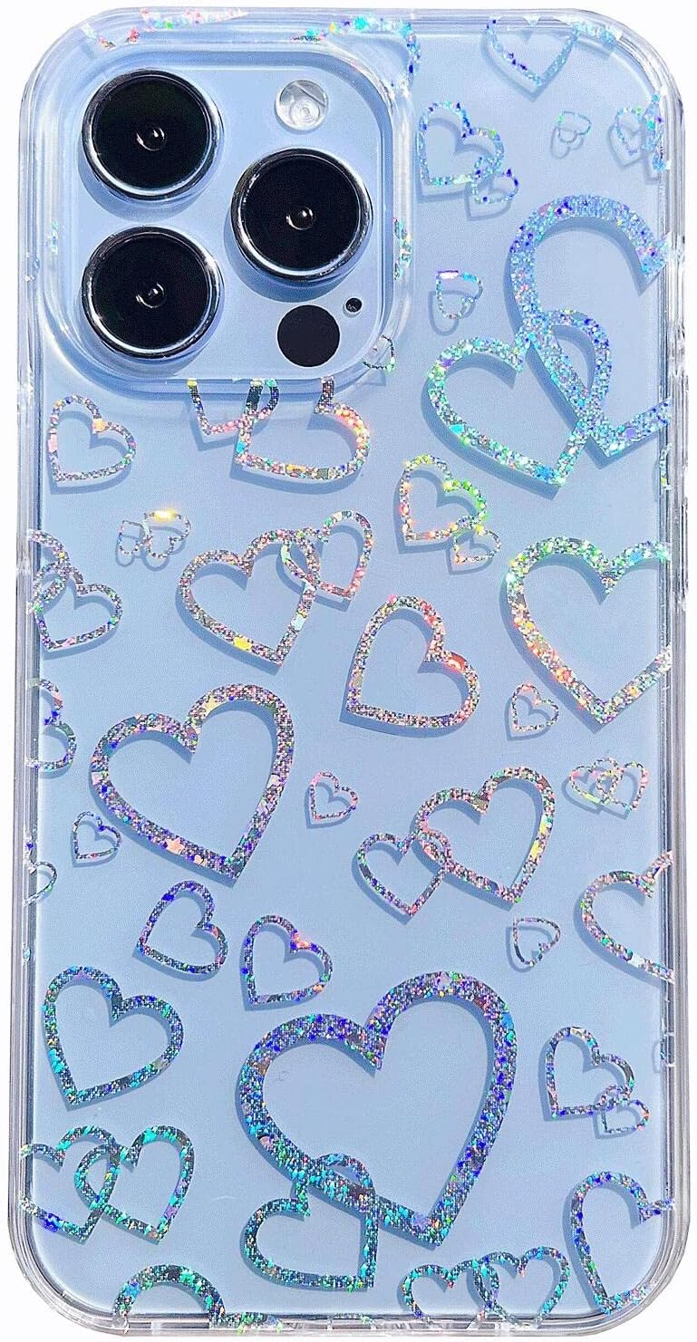 for iPhone 13 Pro Clear Case with Love Heart Laser Glitter Holographic Design,Sparkly Bling Cute Shockproof Protective Phone Cover for Women Girls