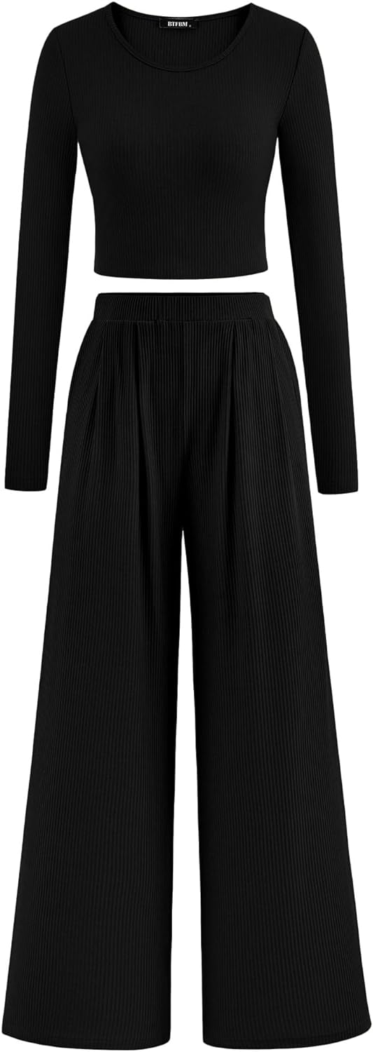 BTFBM Women' Two Piece Lounge Set Long Sleeve Bodycon Ribbed Knit Crop Top Loose Wide Leg Pant Casual Outfits Sweatsuit