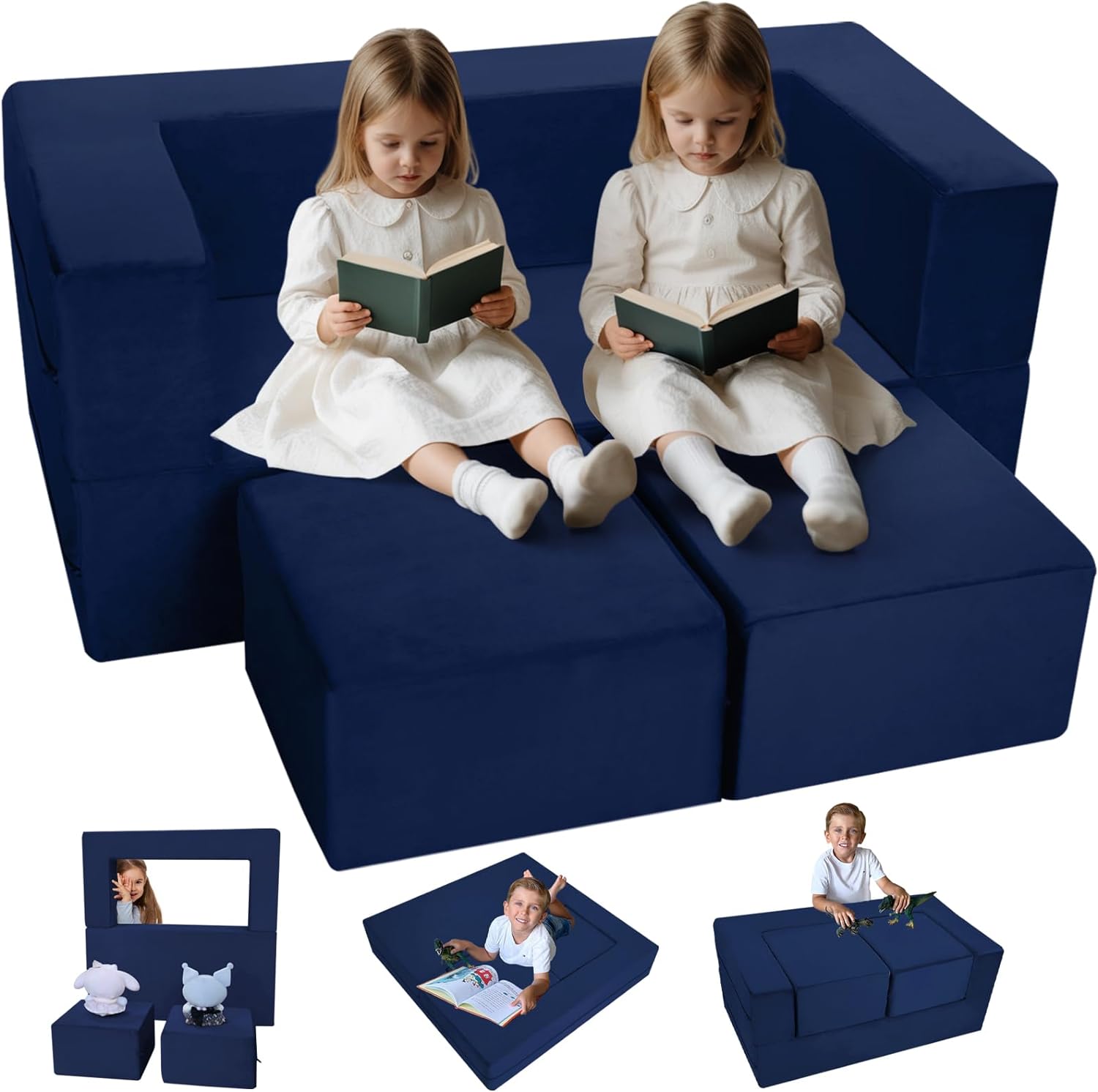 MeMoreCool Convertible Kids Foam Sofa Couch for Playroom or Bedroom, Fold Out Navy Toddler Play Couch