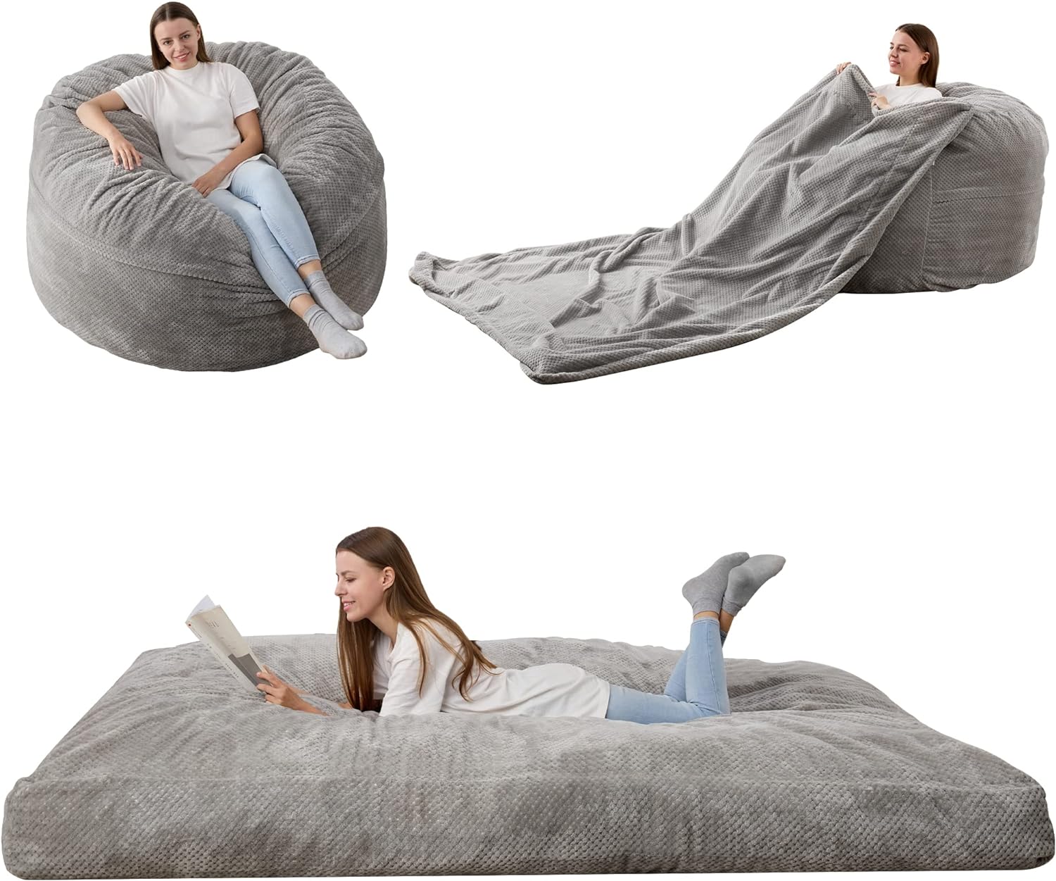 HABUTWAY Bean Bag Chair, Giant Bean Bag Chair with Washable Chenille Cover Ultra Soft, Convertible Bean Bag from Chair to Mattress, Huge Chenille Bean Bags for Adult, Couples, Family - Grey Queen